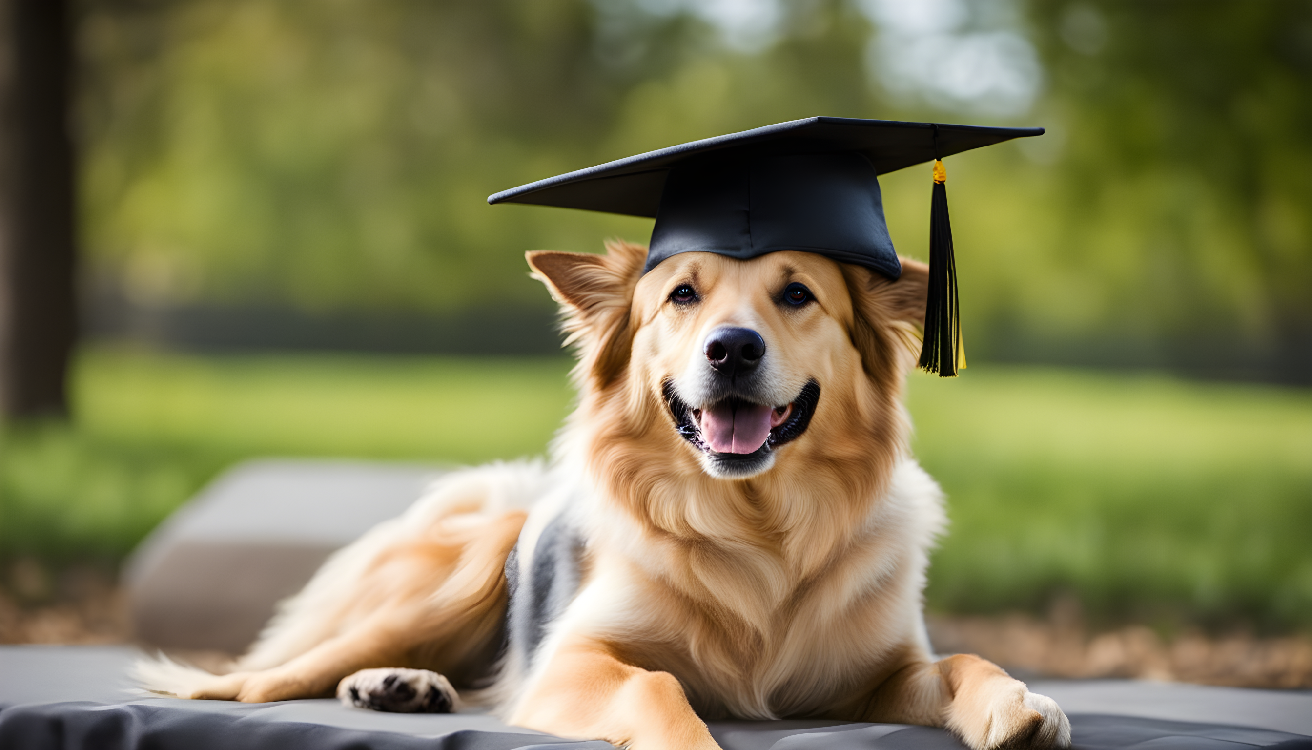 "A smiling Sheprador with a graduation cap, symbolizing you've learned all you need about the breed."