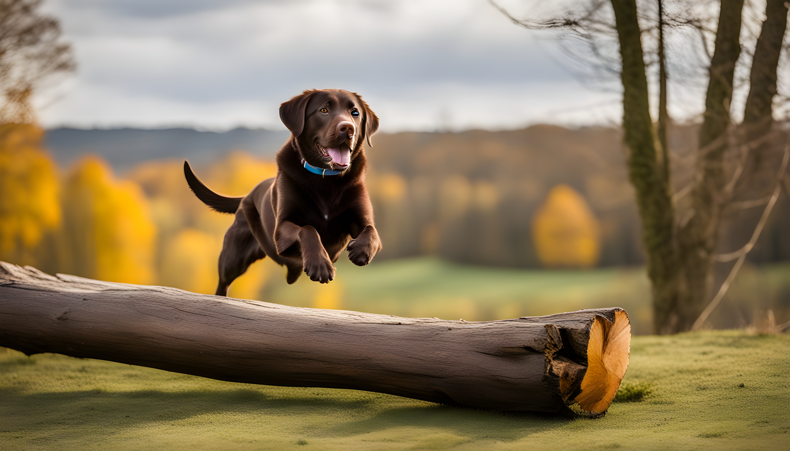 A sprightly English Chocolate Lab leaping over a log