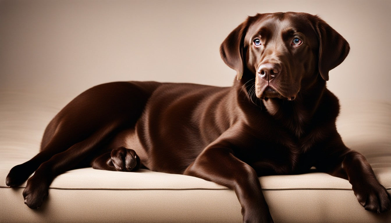 A striking Chocolate Lab with blue eyes sitting elegantly, almost as if posing for a portrait.