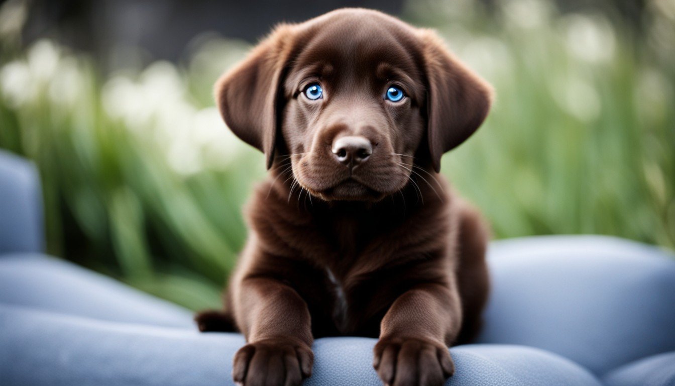 A super cute Chocolate Lab puppy with blue eyes, making you wonder if you're looking at a stuffed toy.