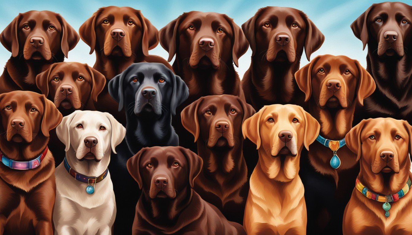 A warm group photo of Chocolate Labs with a kaleidoscope of eye colors, looking like the poster pups for unity in diversity.