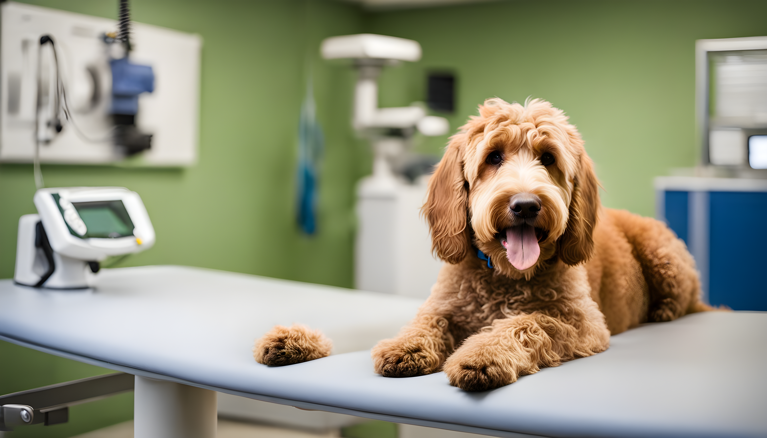 A well-behaved Labradoodle sitting on a vet examination table, giving the camera a curious look.