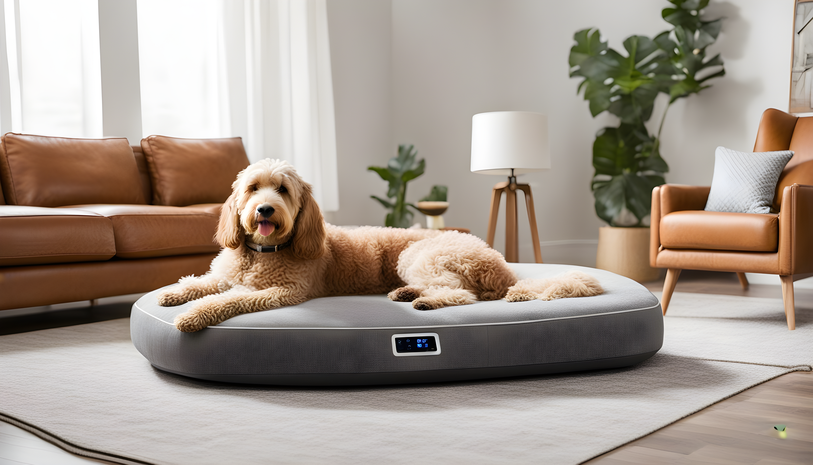 A well-prepared living room featuring an air purifier, hypoallergenic bedding, and a Labradoodle lounging comfortably on a designated dog bed.