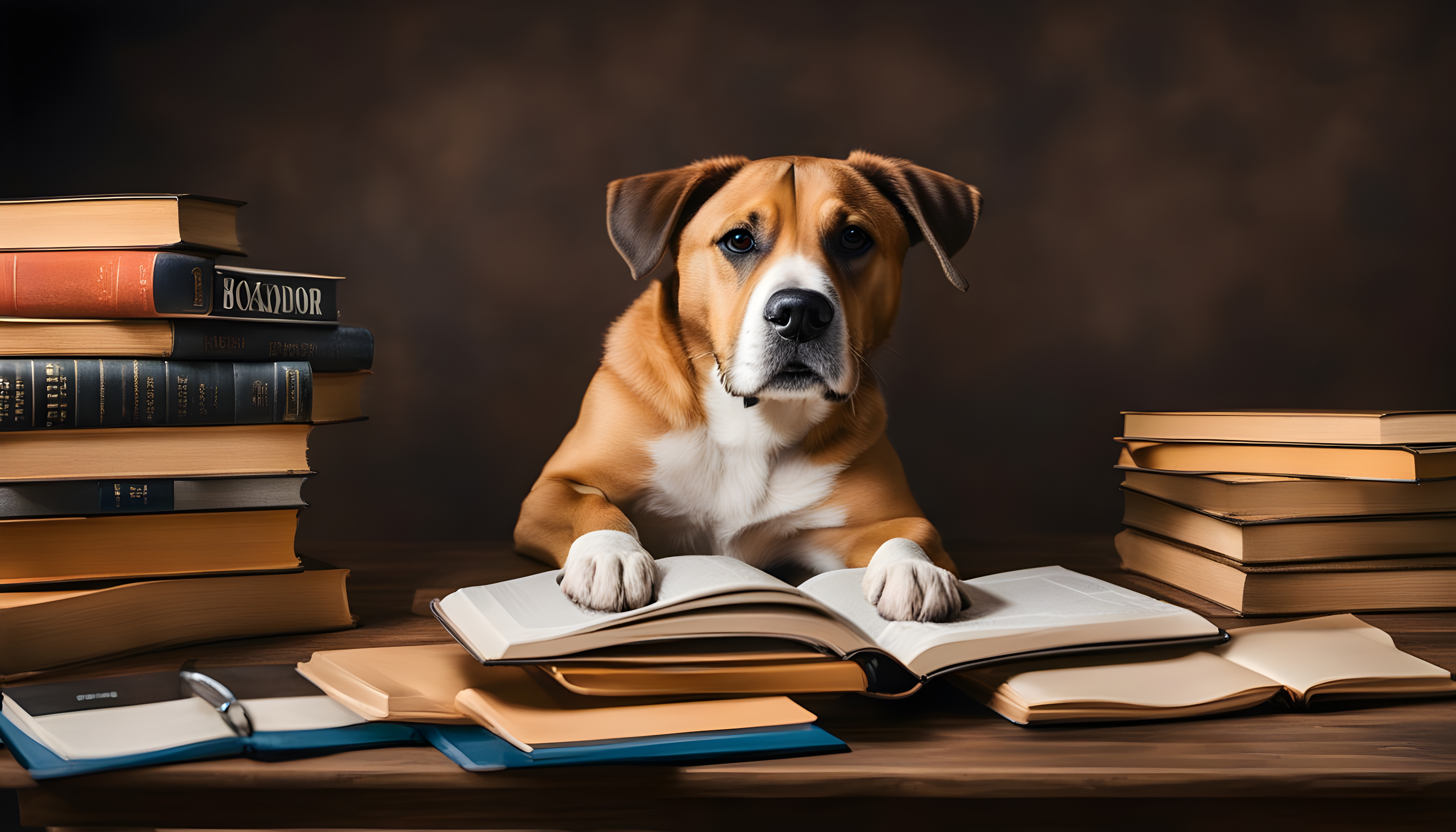 A well-read Boxador (Boxer Lab Mix) immersed in a sea of Boxador resources, including books, articles, and a laptop displaying a blog about Boxadors—talk about a pup with a passion for learning!