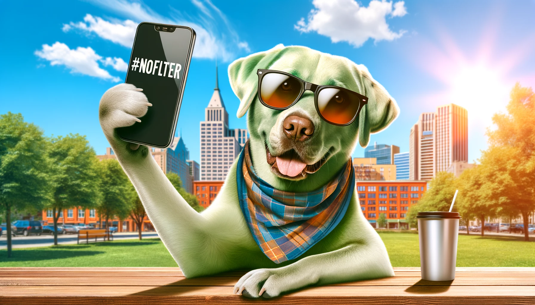 A Green Lab casually posing for an Instagram selfie, '#NoFilter.'