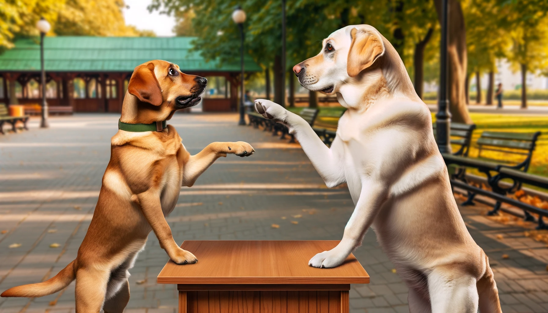 A Green Lab and Yellow Lab debating who has the better coat.