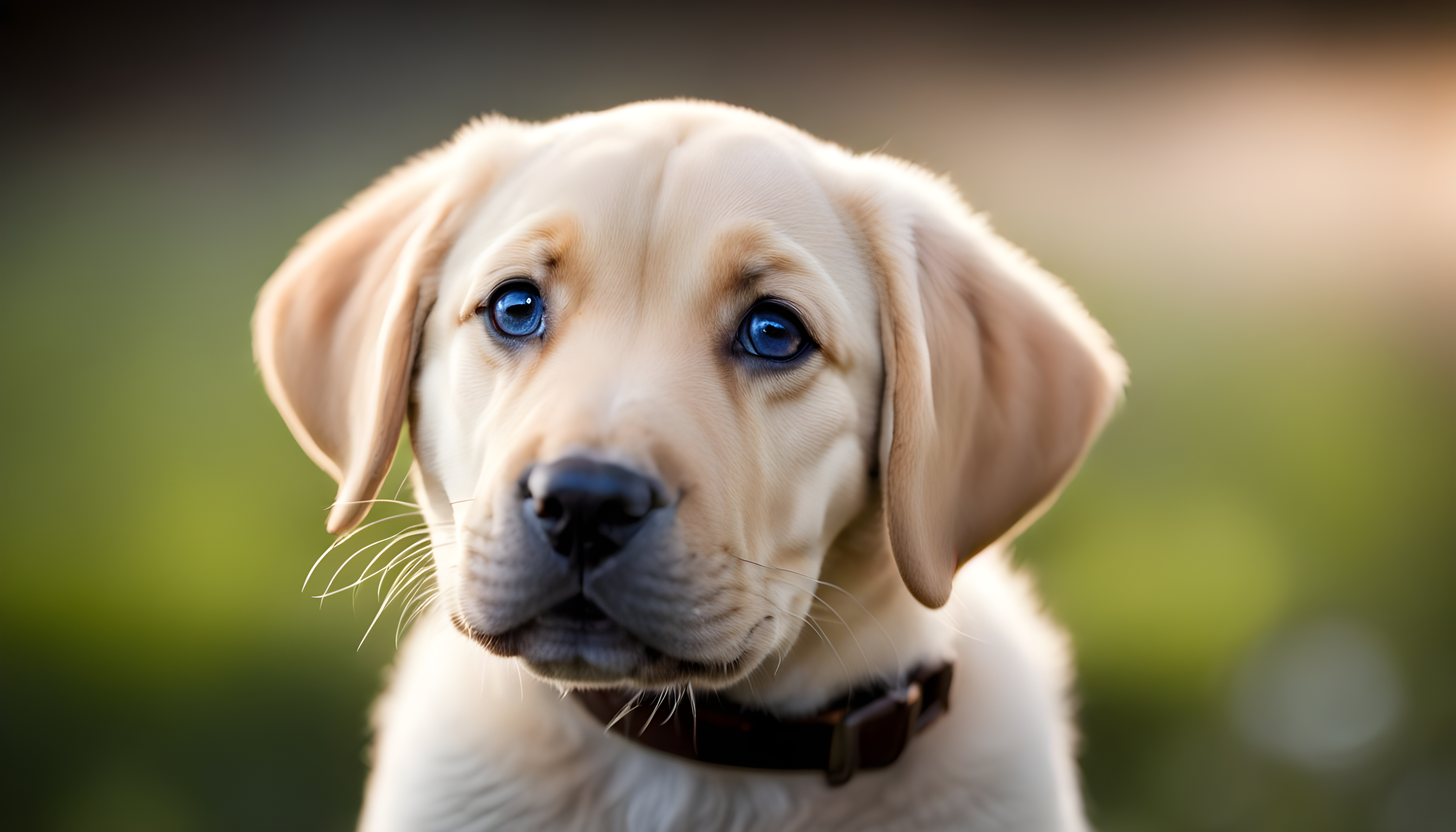 Adorable British Lab puppy staring longingly into the camera, practically begging you to take it home.