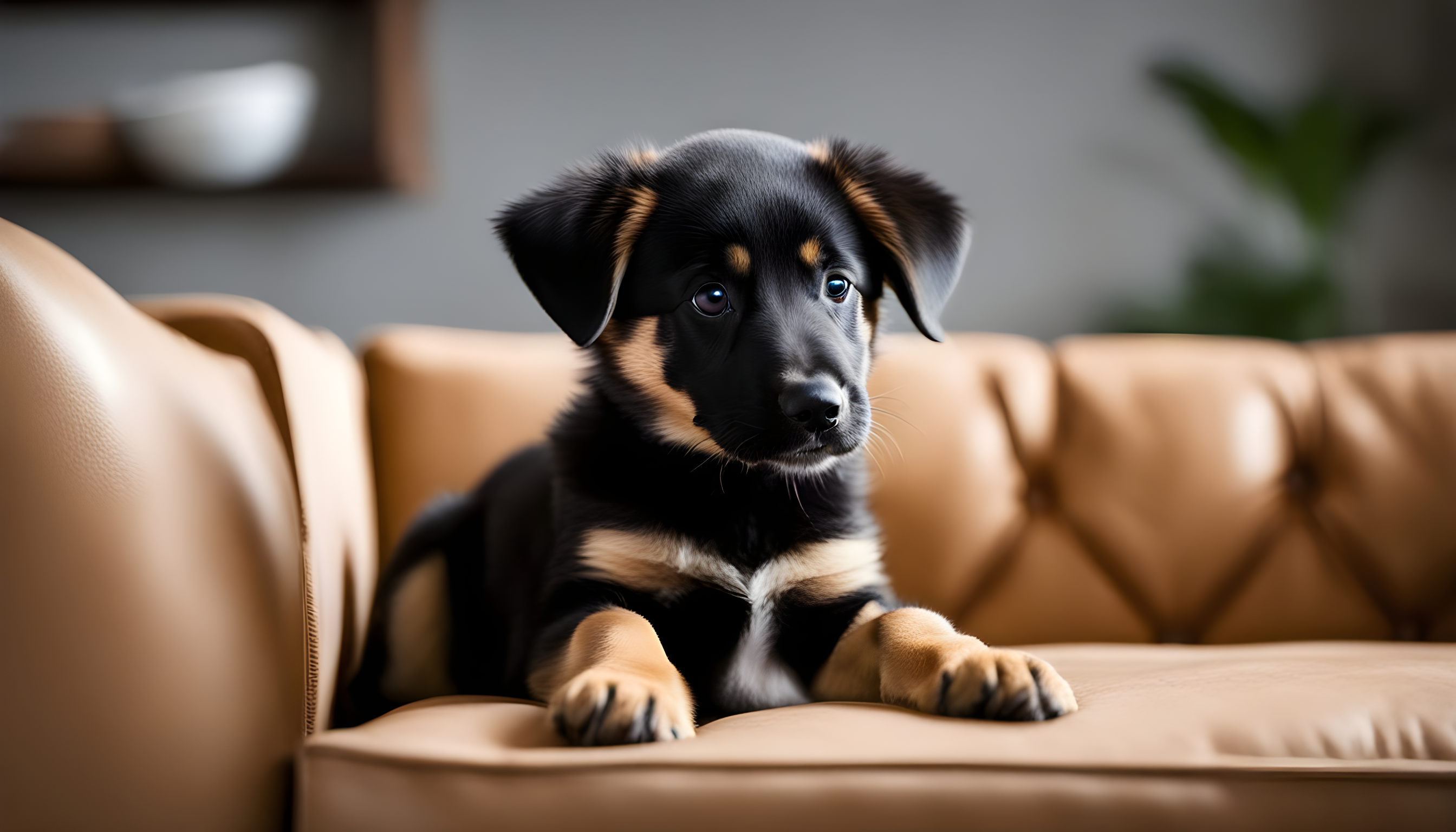 "Adorable Sheprador puppy exploring its new home and looking puzzled by a sofa."