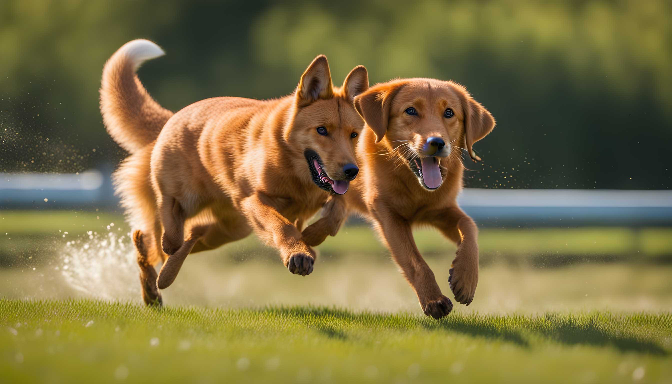 A playful Red Fox Labrador Retriever in action, epitomizing the breed's renowned energetic and friendly nature.