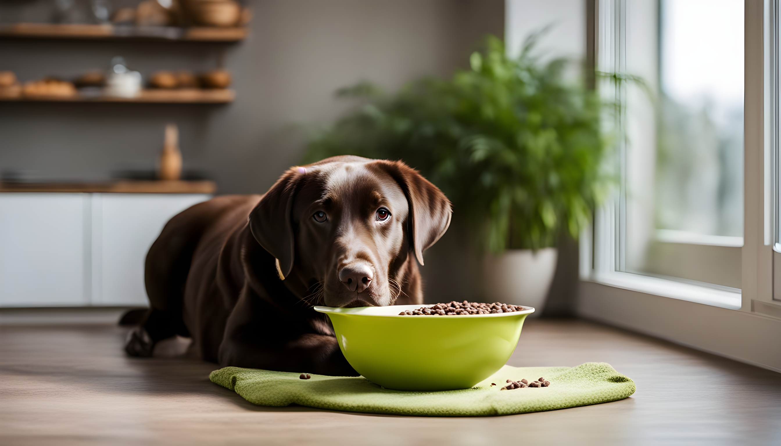 An English Chocolate Lab chowing down a bowl of high-quality kibble, signifying its dietary needs