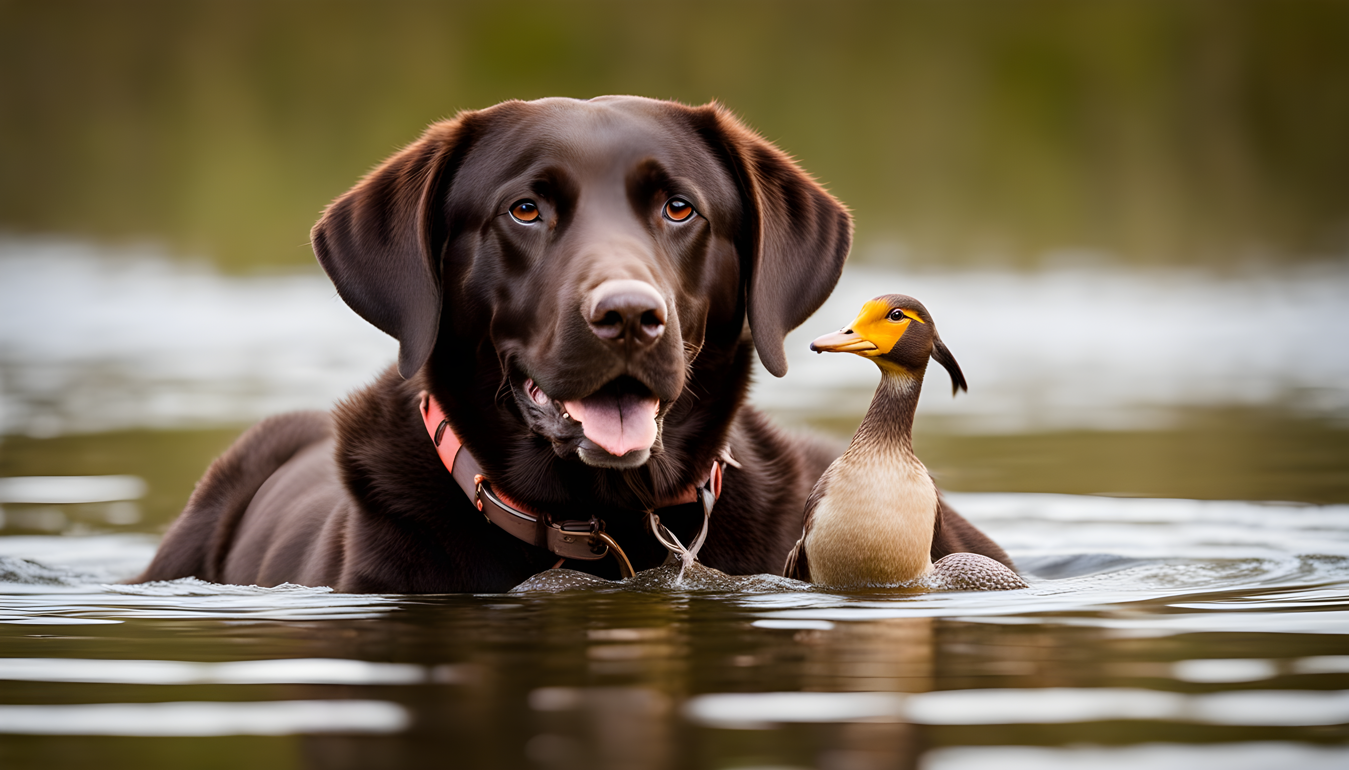 An English Chocolate Lab proudly holding a fetched duck, exemplifying its natural hunting prowess