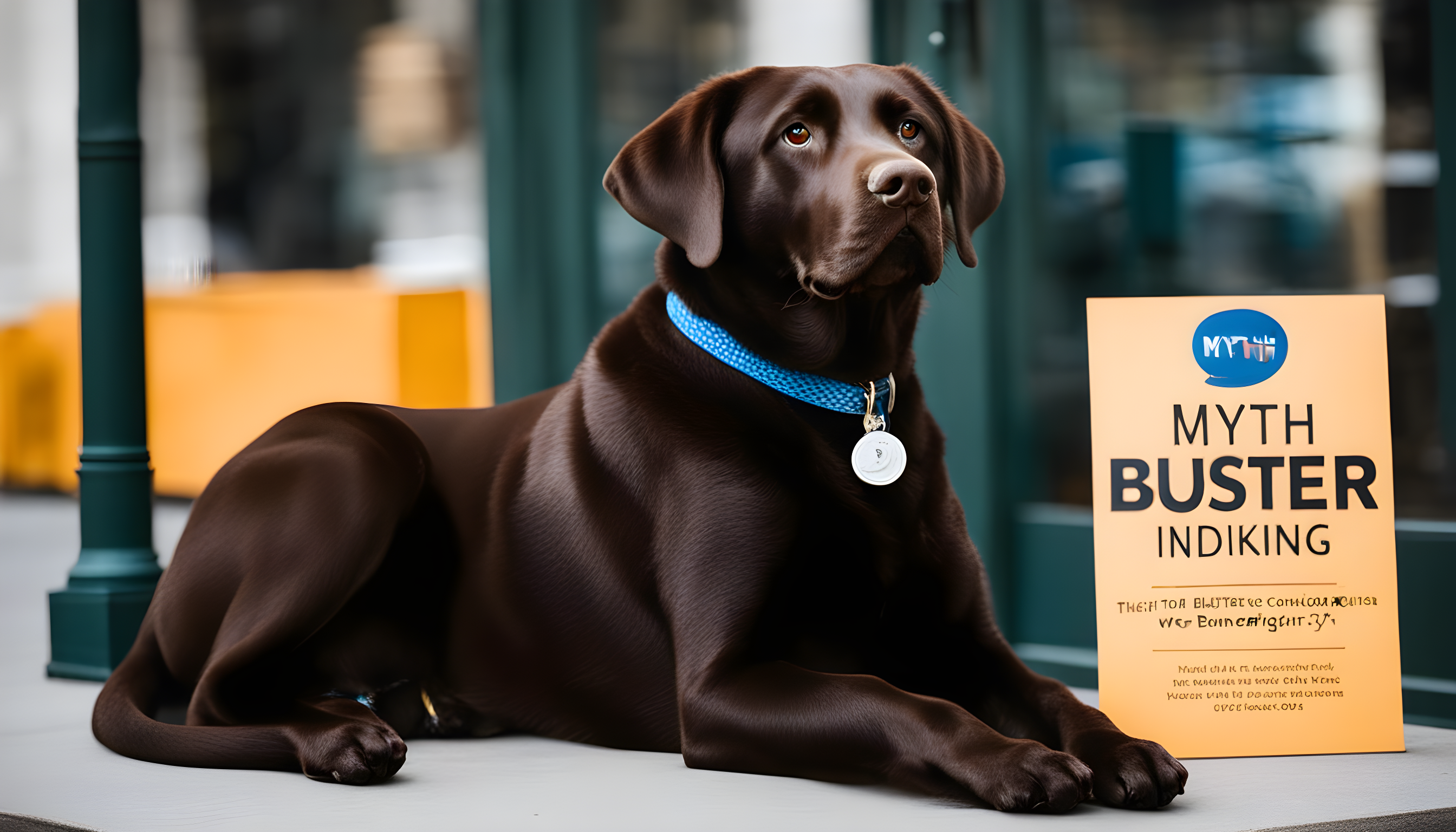 An English Chocolate Lab sitting next to a sign that says 'Myth Buster'