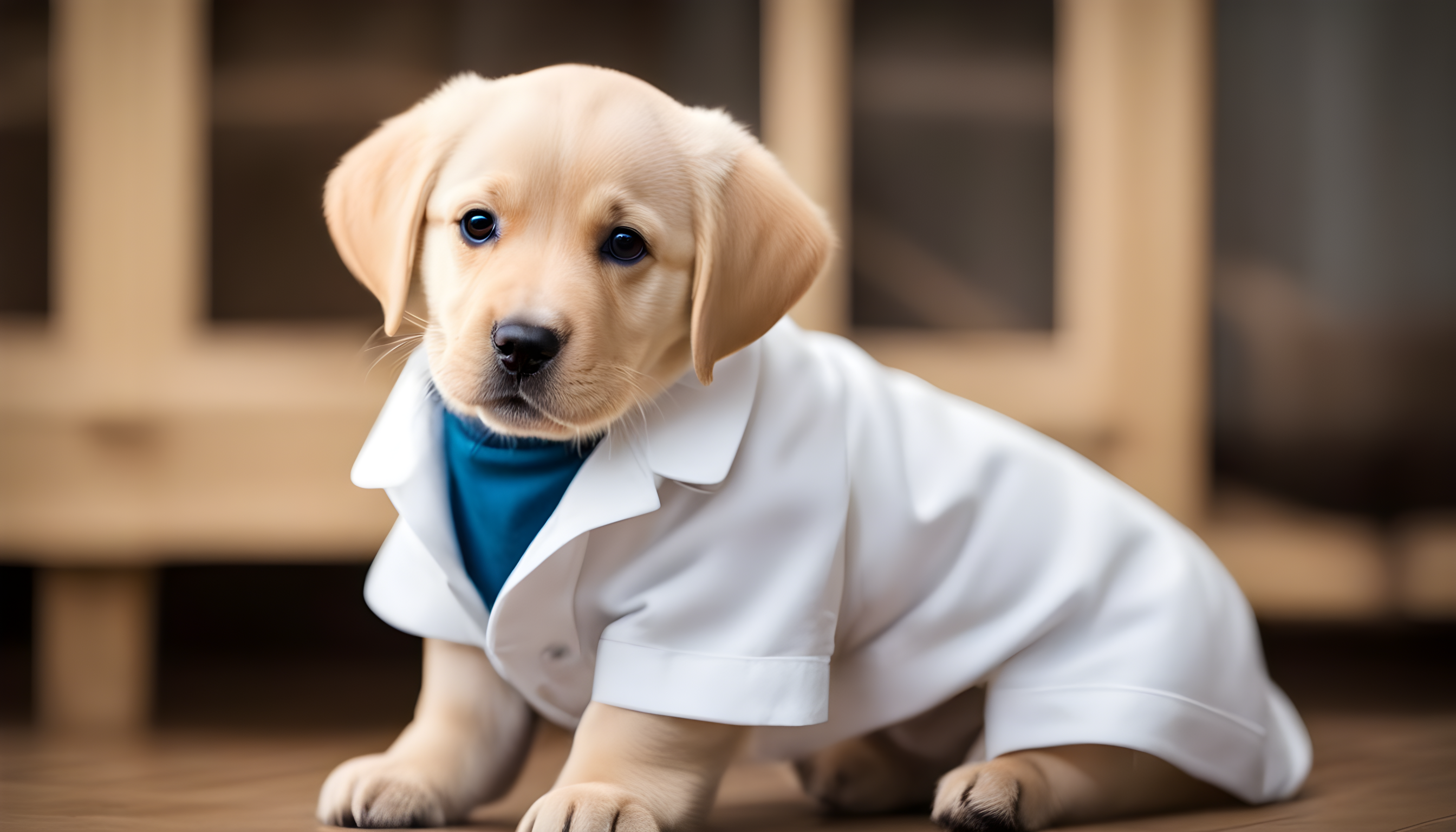 An adorable British Lab puppy wearing a lab coat, because, well, it's a Lab in a lab coat!