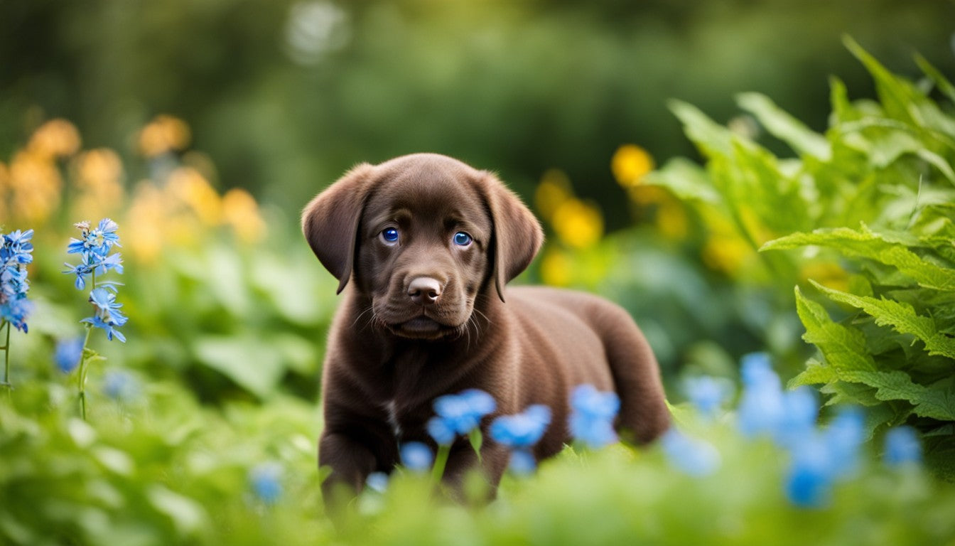 An adorable Chocolate Lab puppy with blue eyes, curiously exploring the garden.