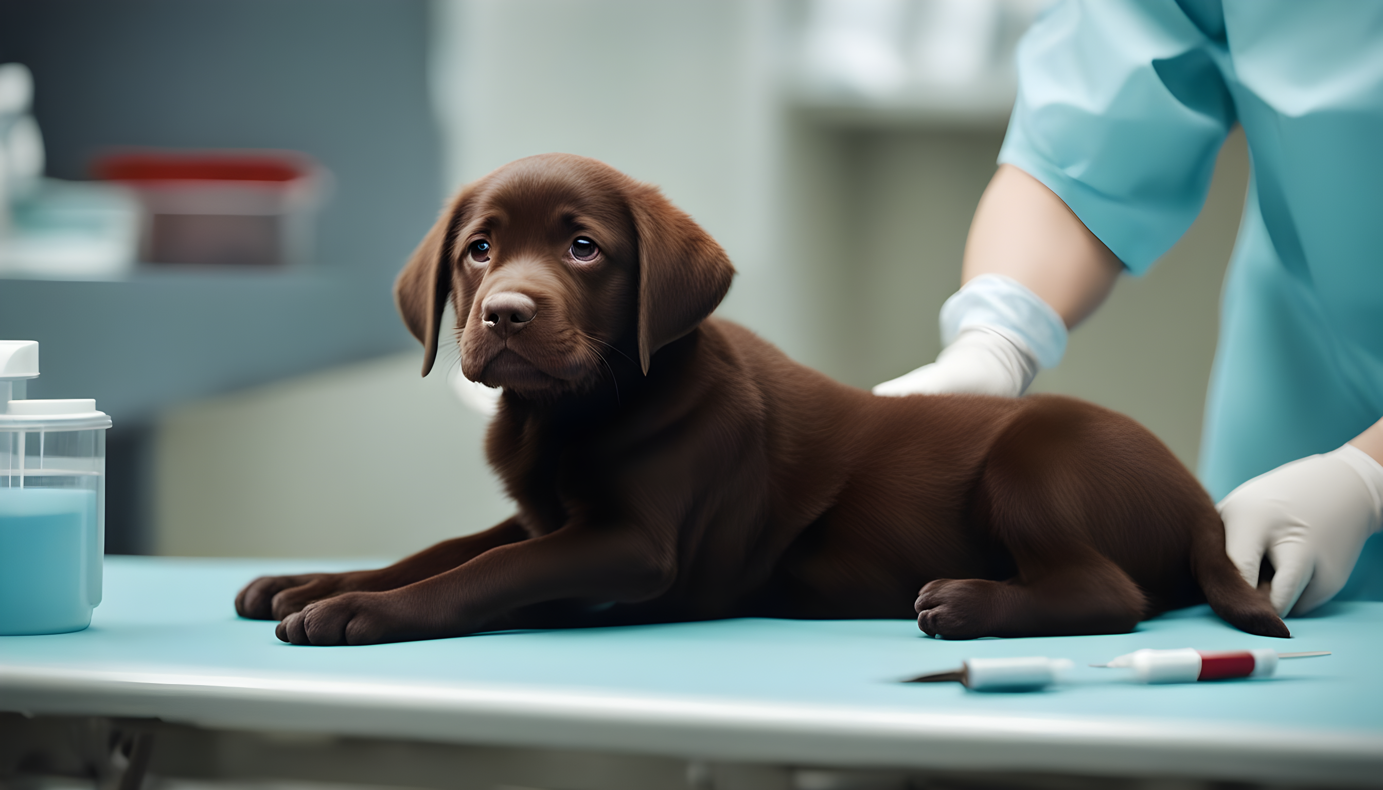 An adorable Chocolate Lab puppy sitting calmly on a vet's examination table, ready for its first round of vaccinations.