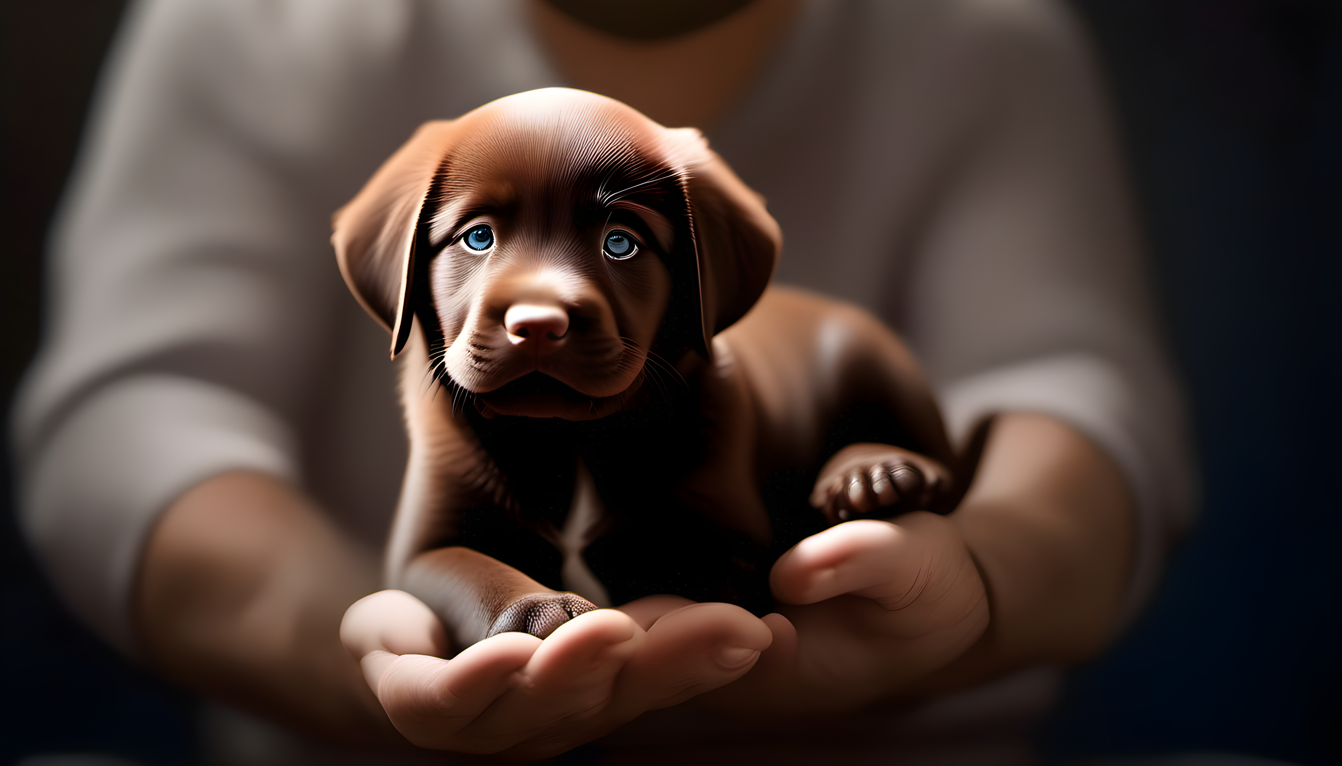 An ethical breeder holding a chocolate lab puppy, both looking healthy and happy, reinforcing the importance of choosing ethical breeding