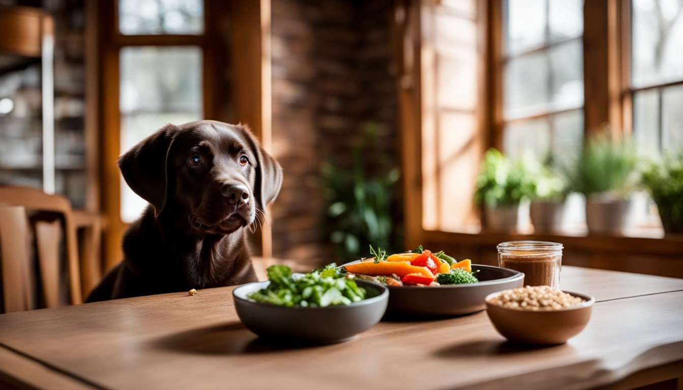 An excited Chocolate Lab puppy feasting on a balanced diet of meat, veggies, and grains, set in a cozy dining nook.