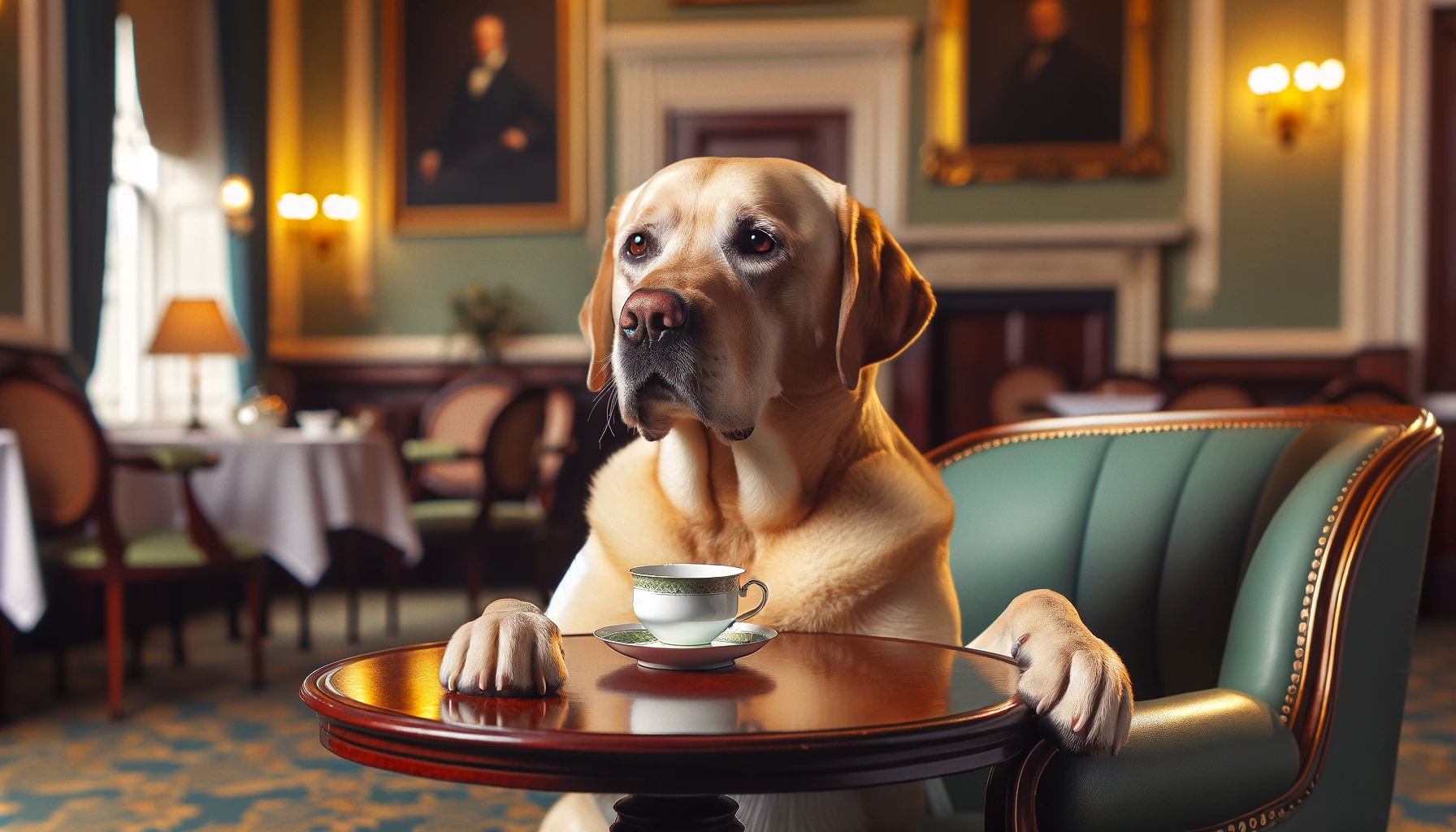 An English Green Lab enjoying a cup of Earl Grey tea.