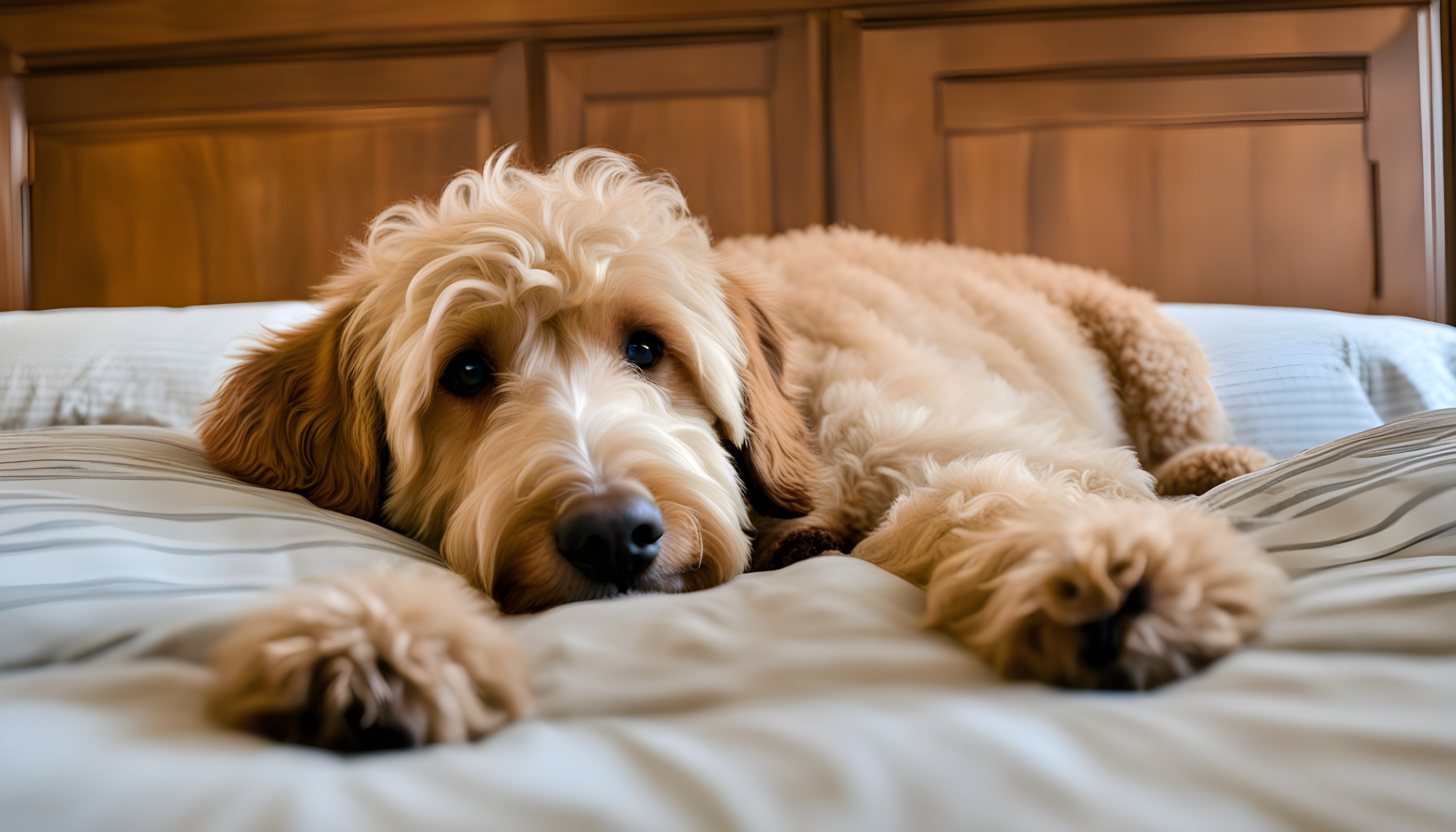 Bella the Labradoodle sprawled across a queen-sized bed.