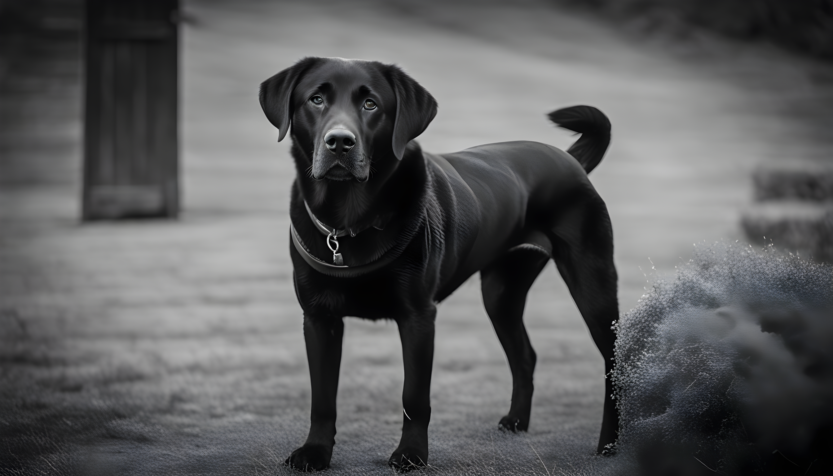Black and white photo of a British Lab, looking like an old-timey movie star