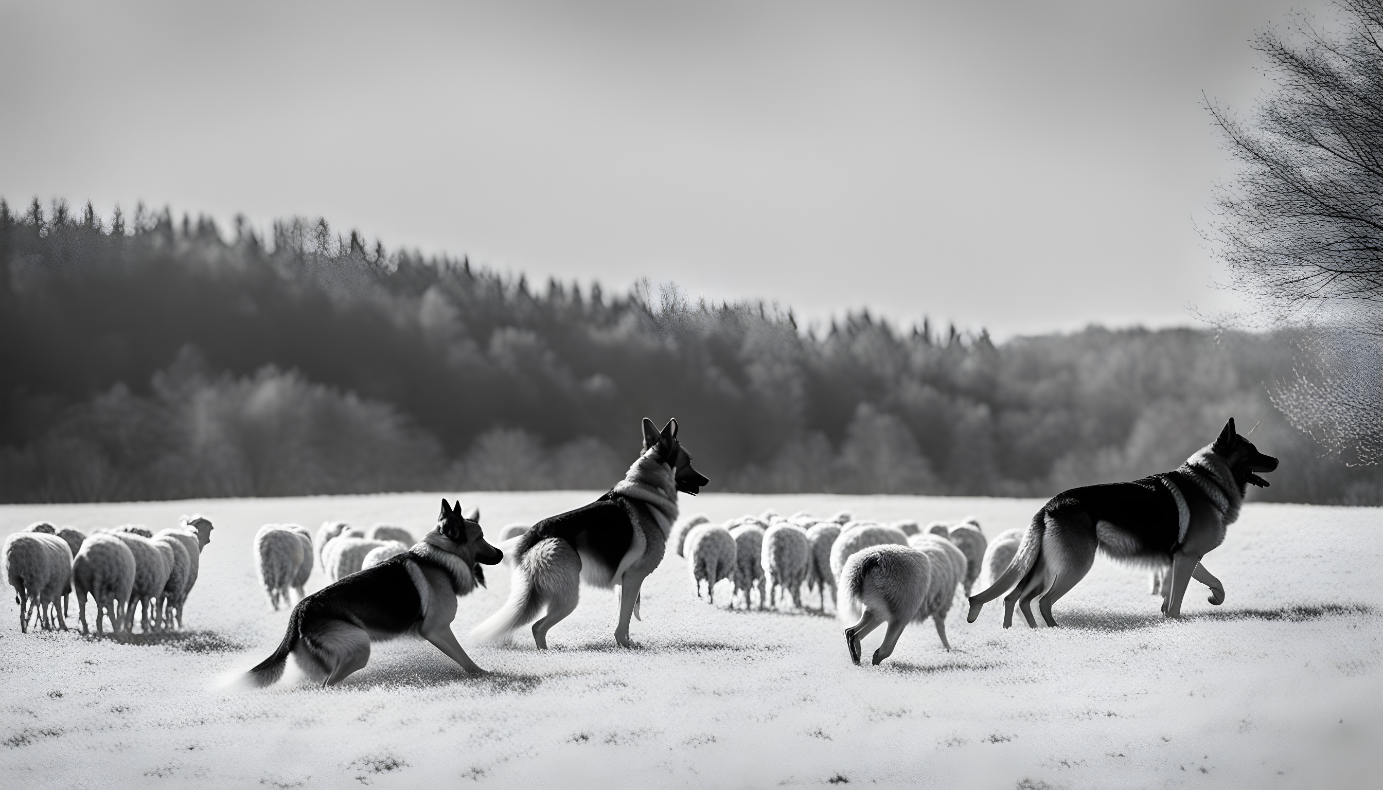 Black-and-white snap of a German Shepherd doing the OG sheep herding.