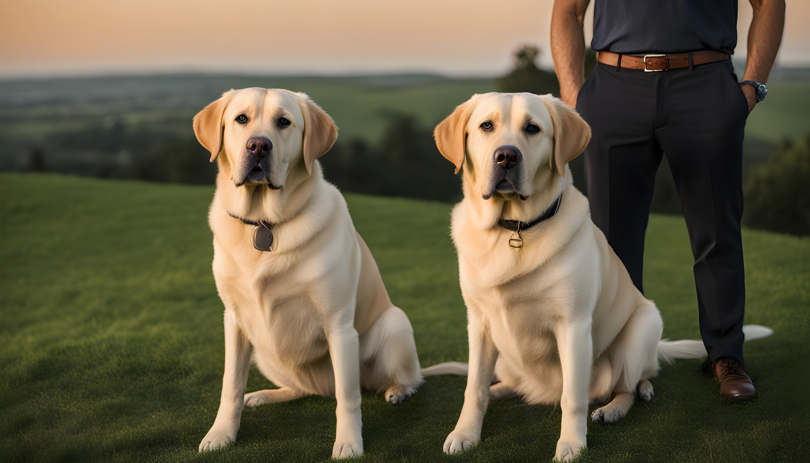 British Lab and English Lab standing together, looking like long-lost siblings.