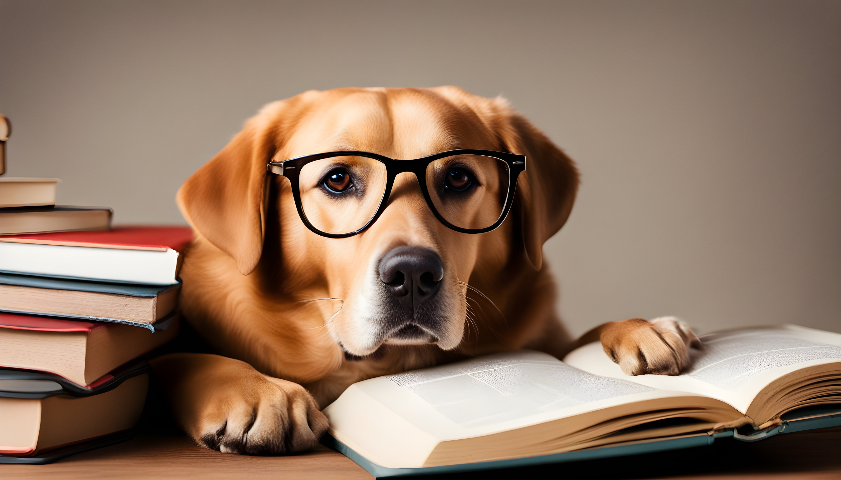 British Lab looking like a smarty pants with reading glasses and a book—because they're ready to learn!