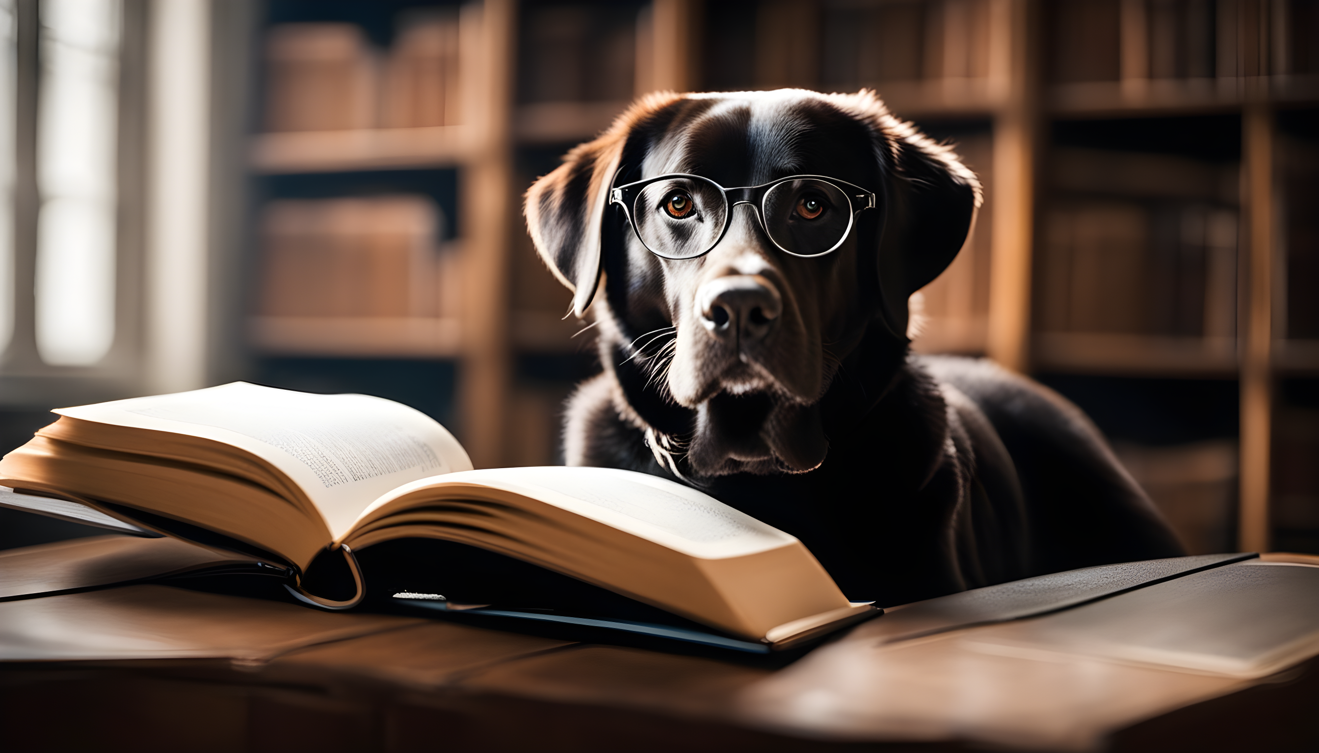 British Lab looking scholarly with a pair of reading glasses and an open book.