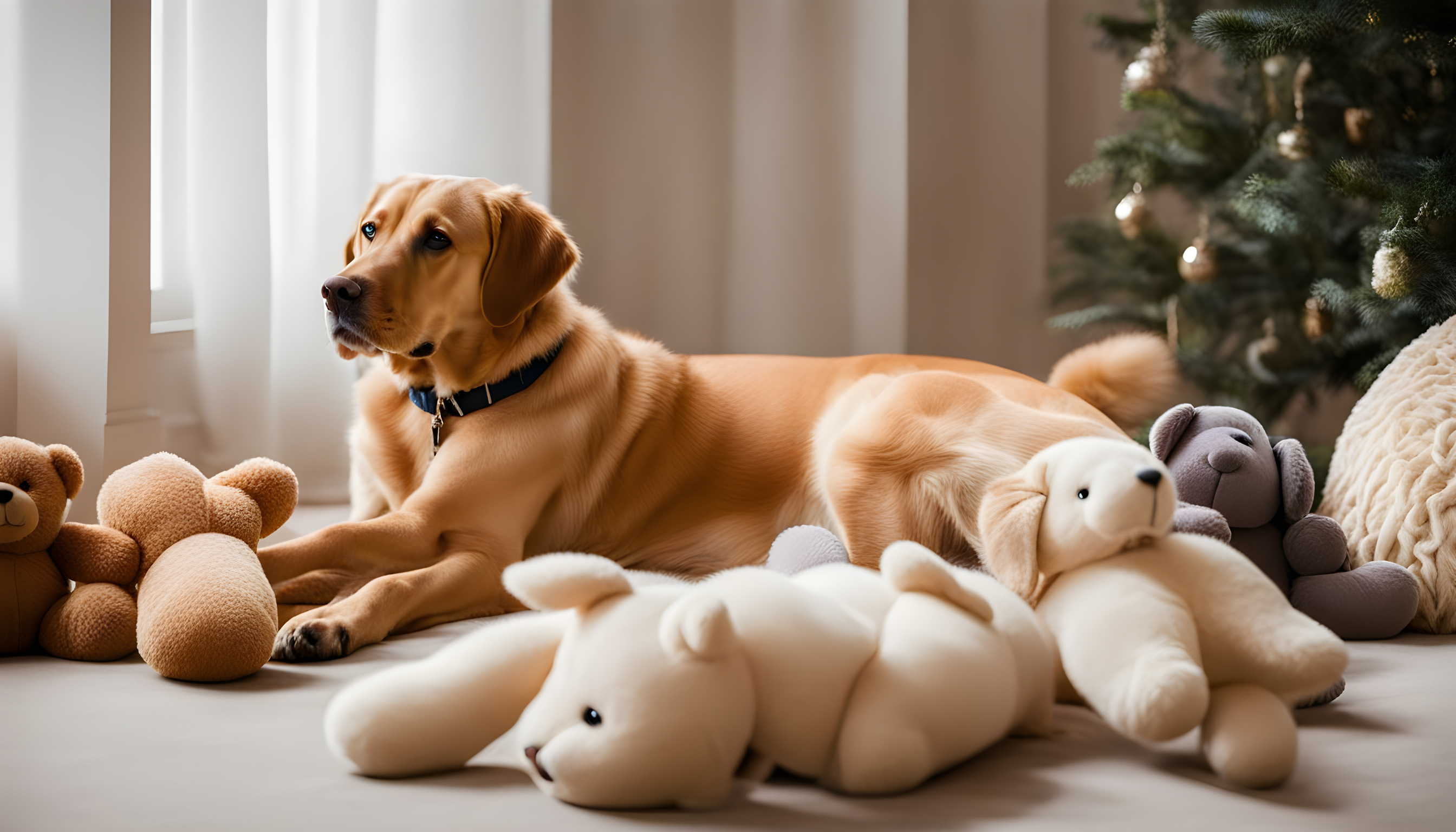 British Lab lounging on a silk cushion, surrounded by plush toys.