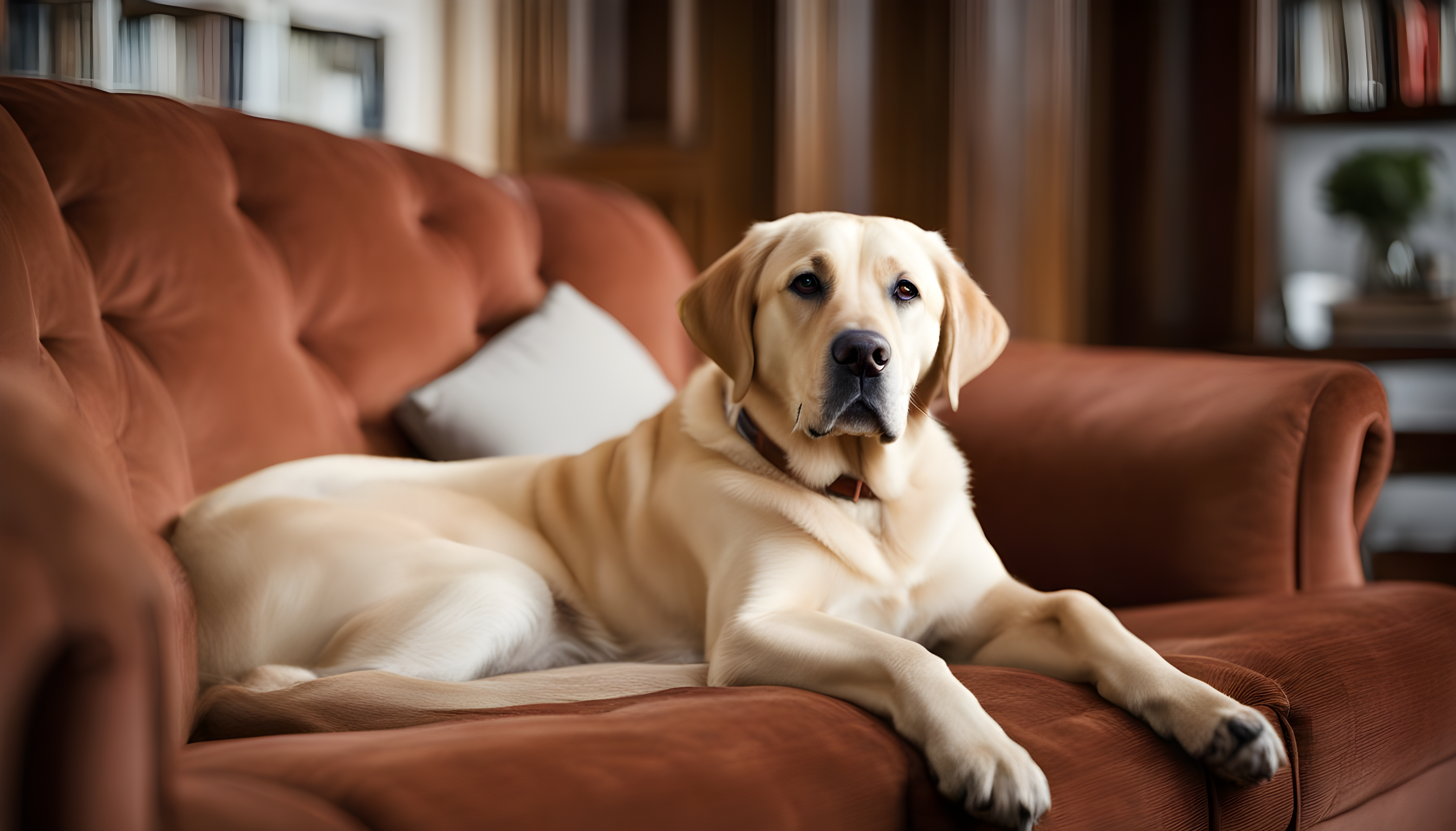British Lab lounging on a sofa, showing off its cool, calm demeanor.