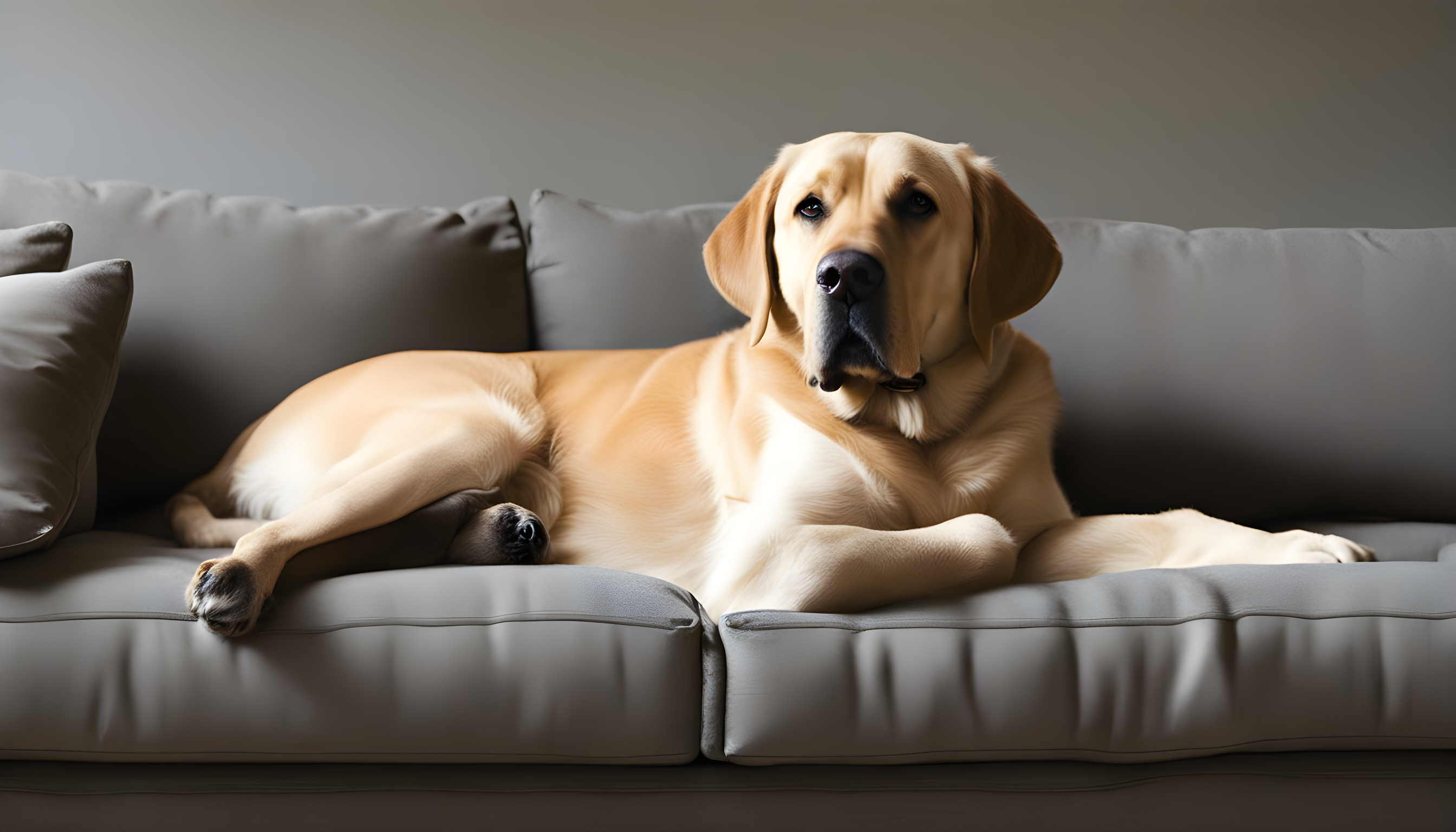 British Lab lounging on the family sofa like it owns the place. Because let's face it, it kinda does.