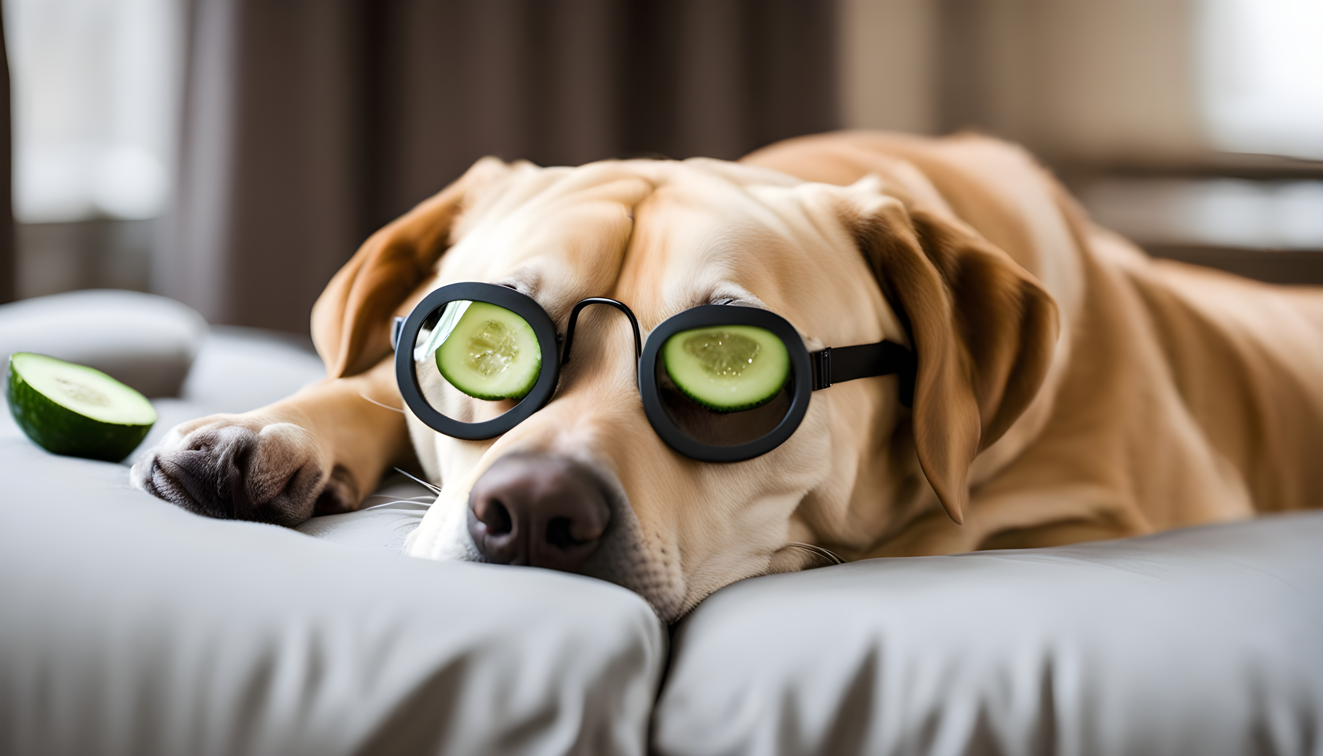 British Lab lounging with a face mask and cucumber slices on its eyes.
