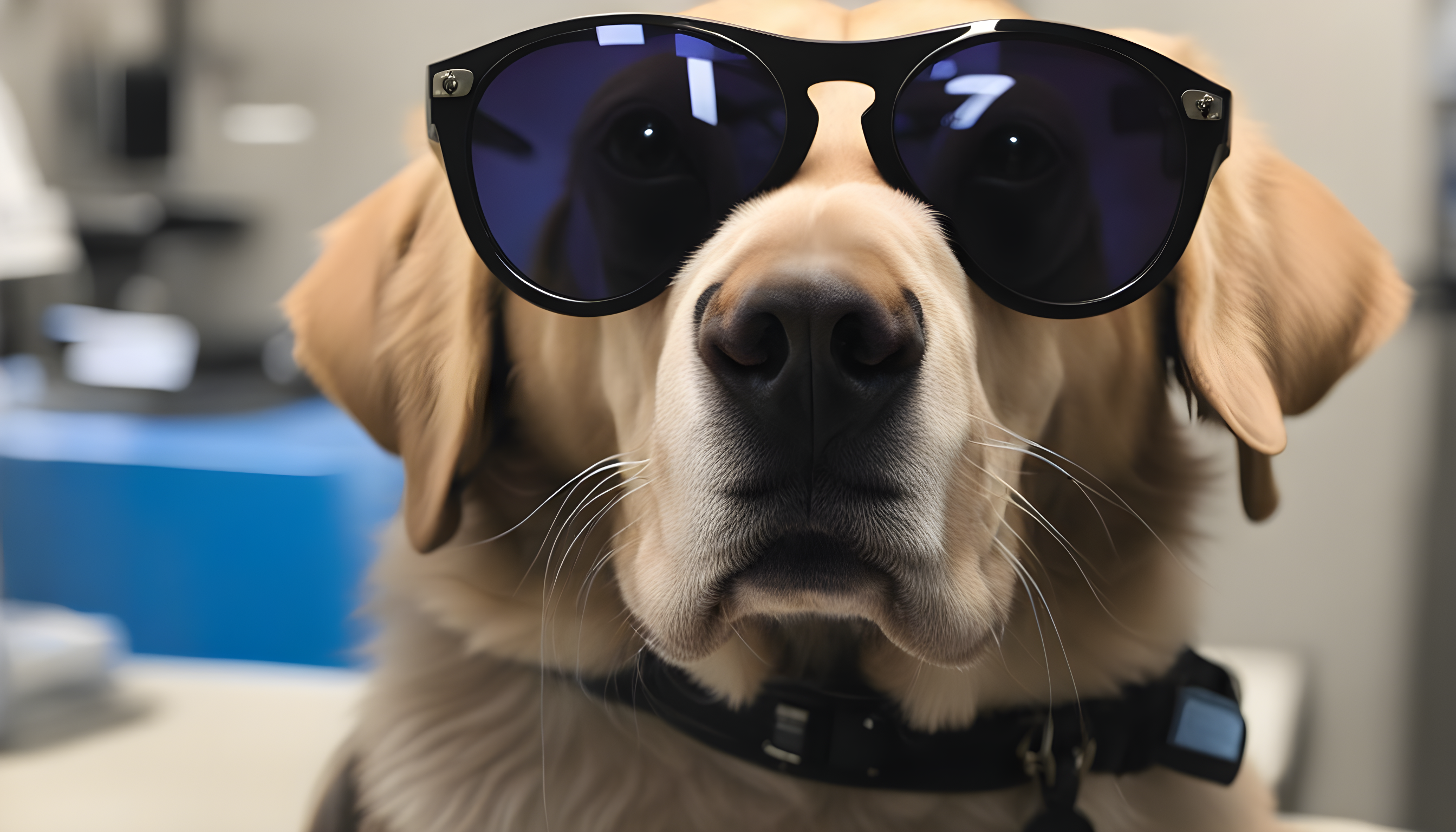 British Lab rocking a pair of oversized sunglasses during a vet check-up because style never takes a day off!