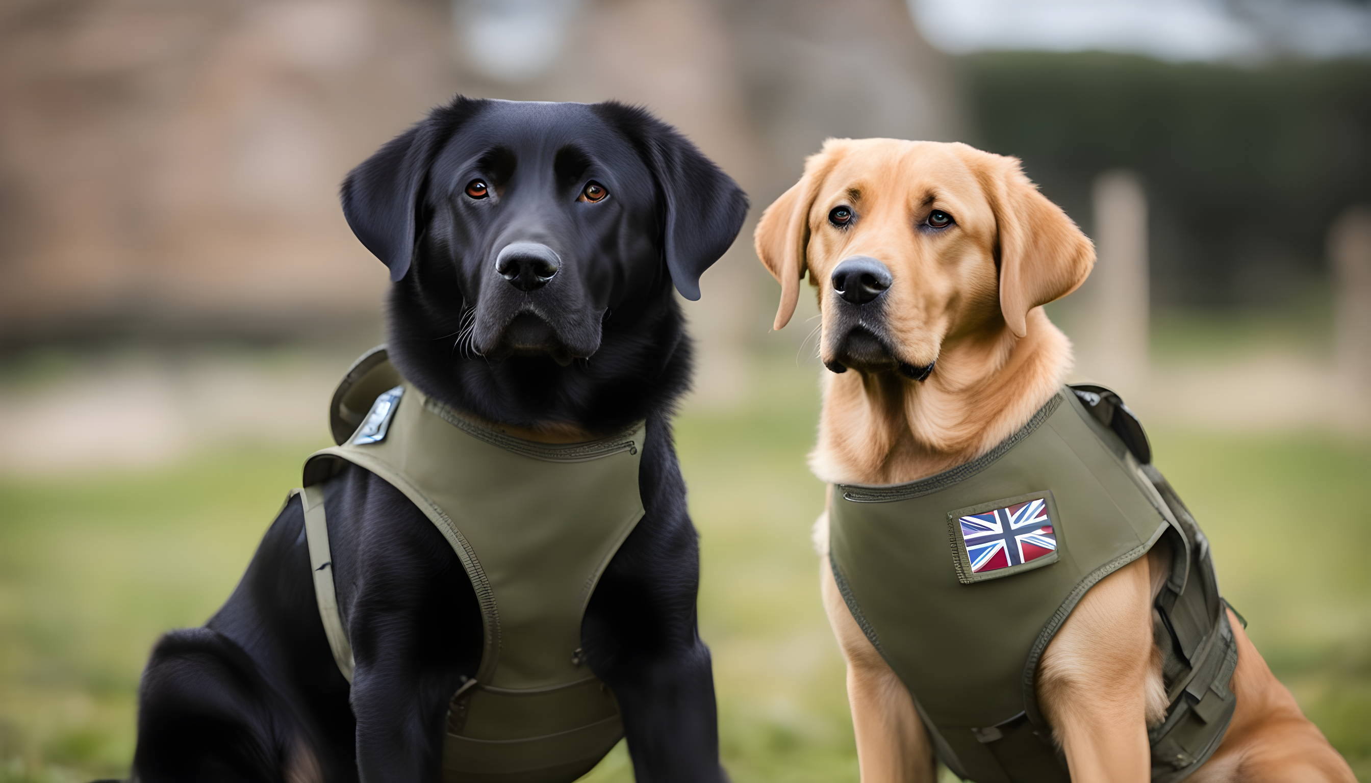 British Lab rocking a service vest and a 'Can I help you?' expression.