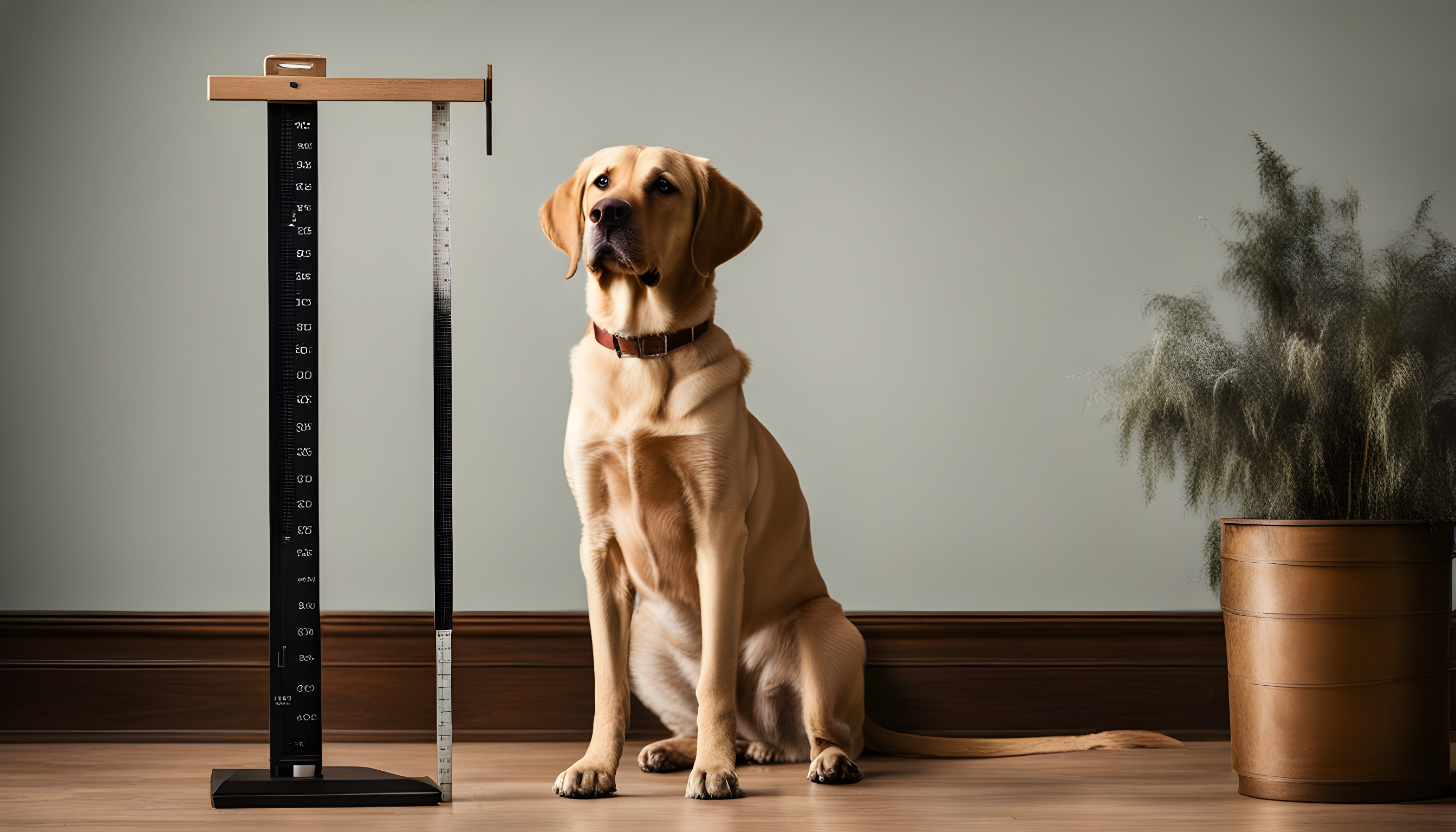 British Lab standing tall next to a measuring stick.
