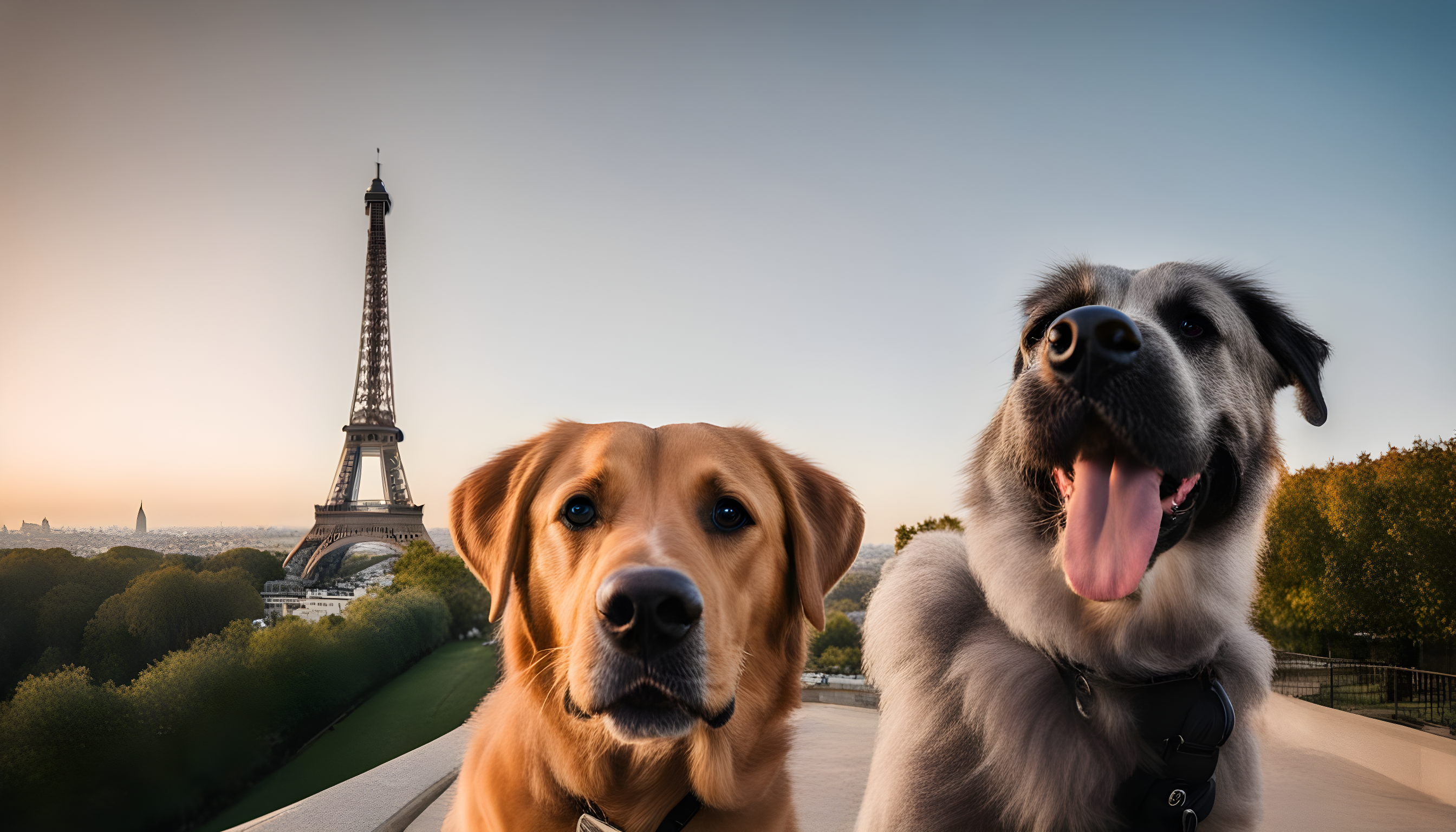 British Lab taking a selfie with the Eiffel Tower in the background.