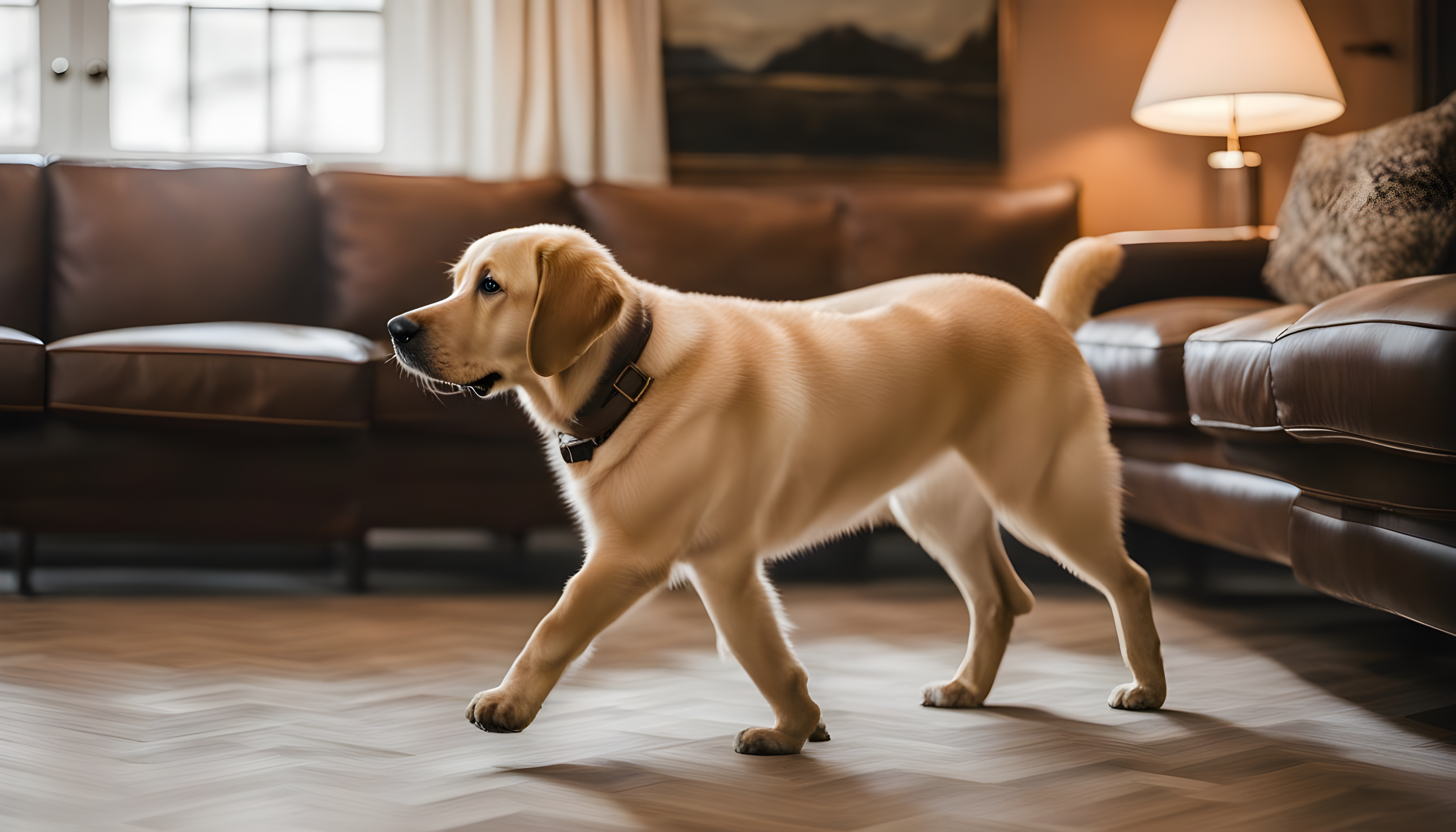 British Lab walking away from a couch, leaving a trail of fur.