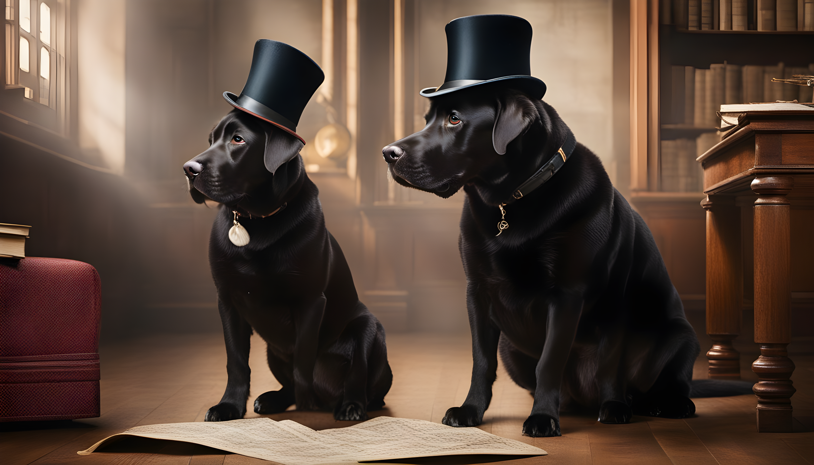 British Lab wearing a Sherlock Holmes hat, sniffing out clues.