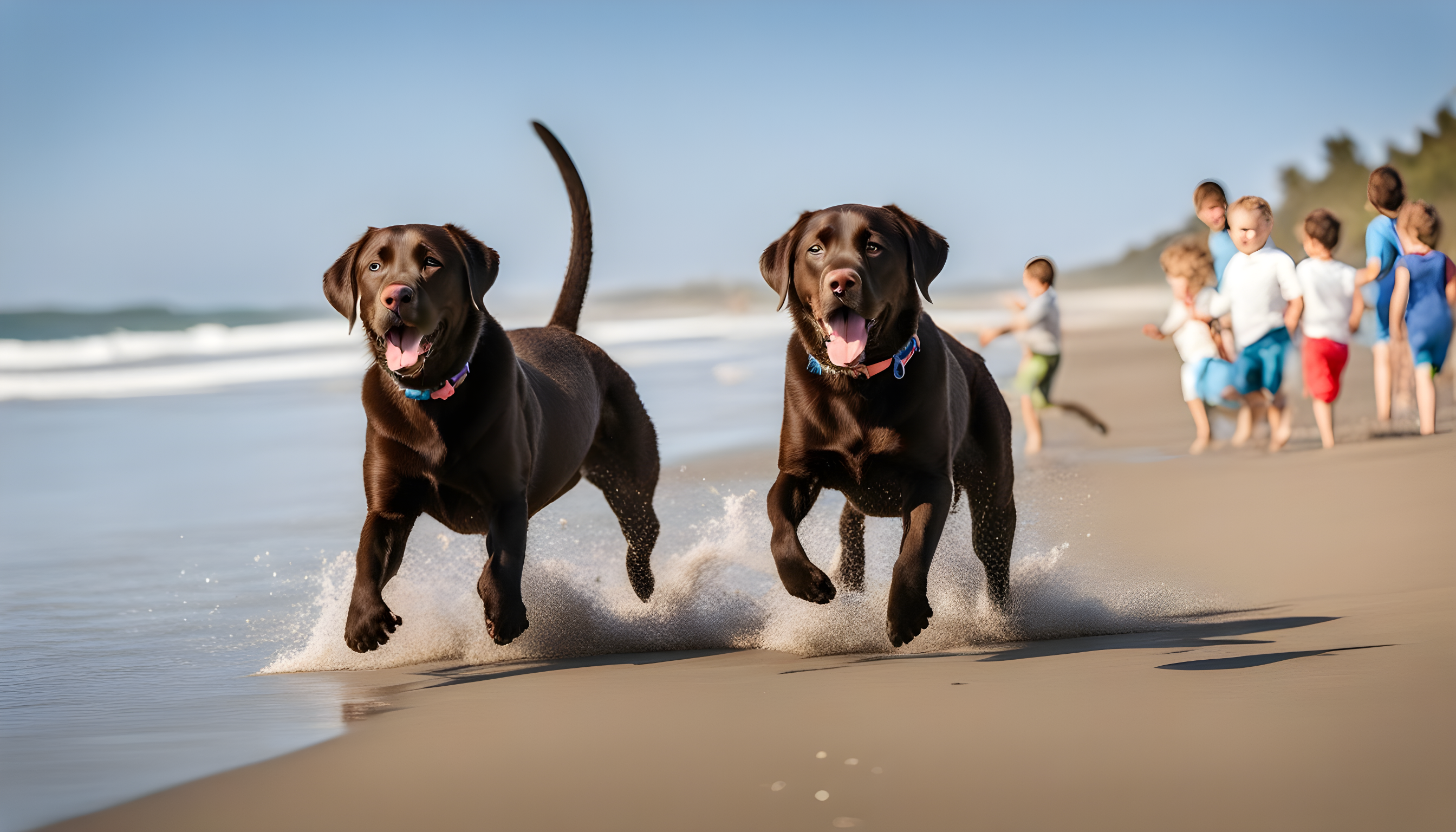 English Chocolate Lab frolicking with kids at a beach