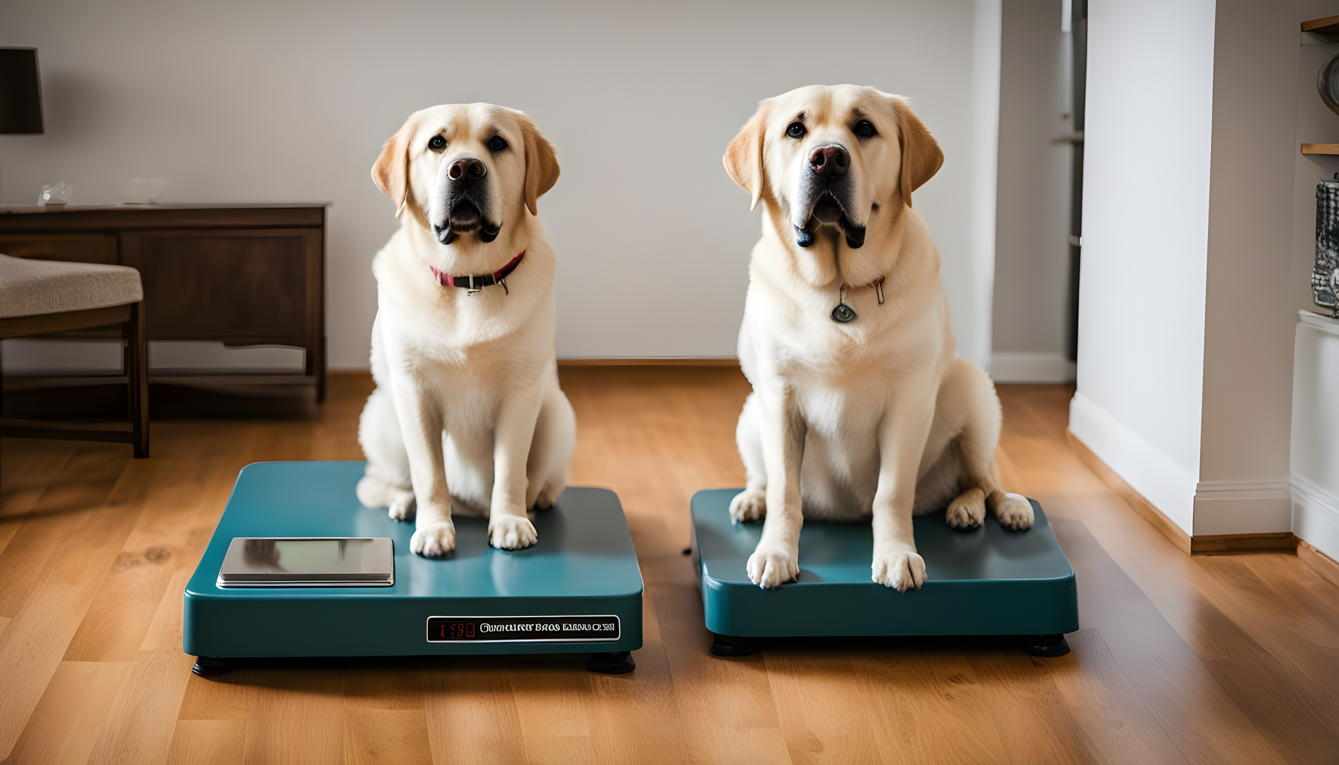 English Lab looking proud on a weighing scale.