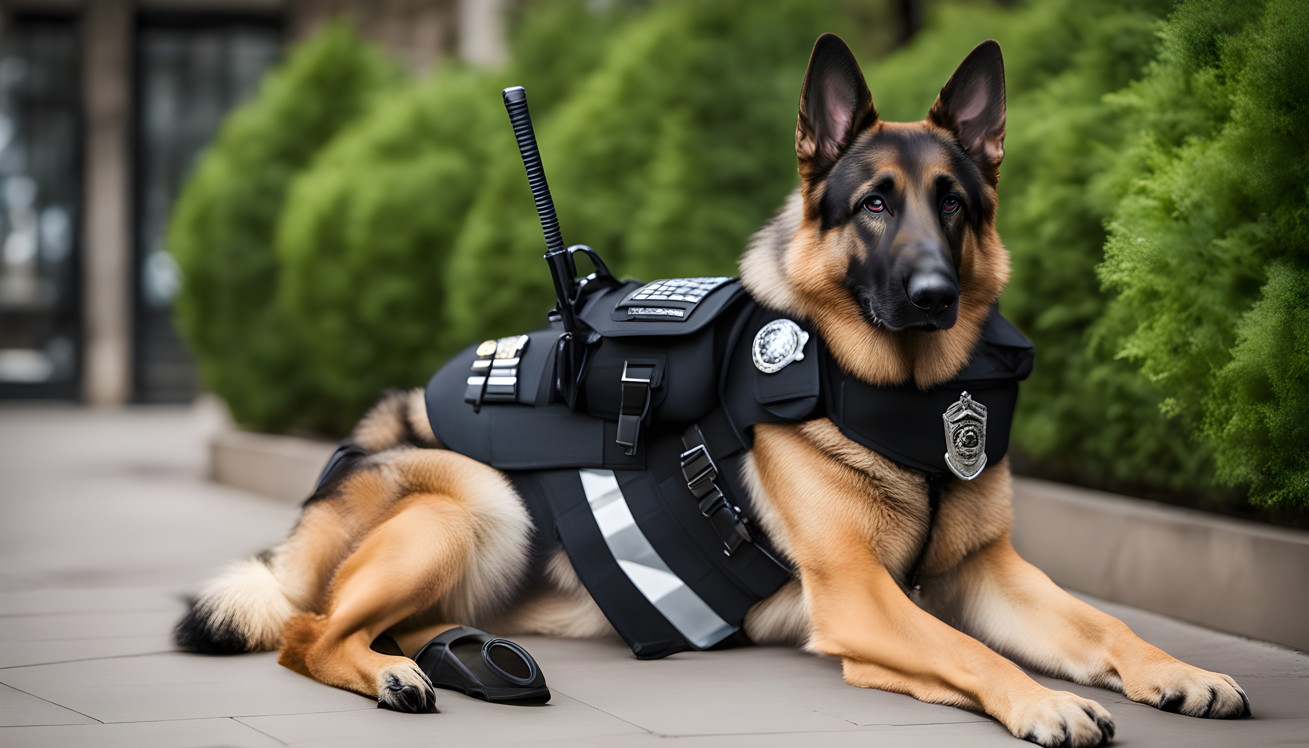 German Shepherd in a police uniform, serving some serious "protect and serve" vibes.