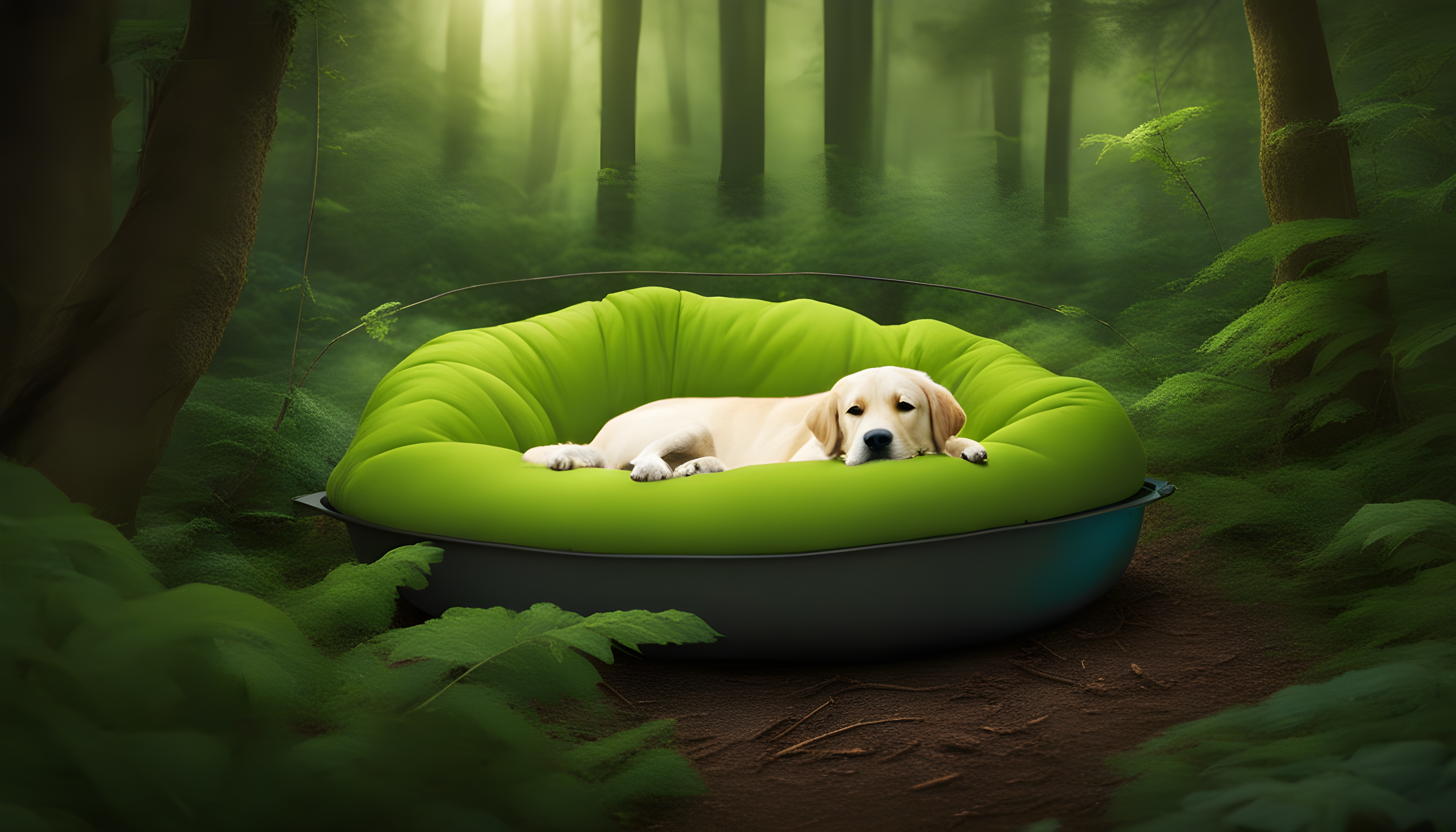 Green Lab curled up in a fluffy bed, snoring softly and dreaming of chasing butterflies—or are they fireflies?