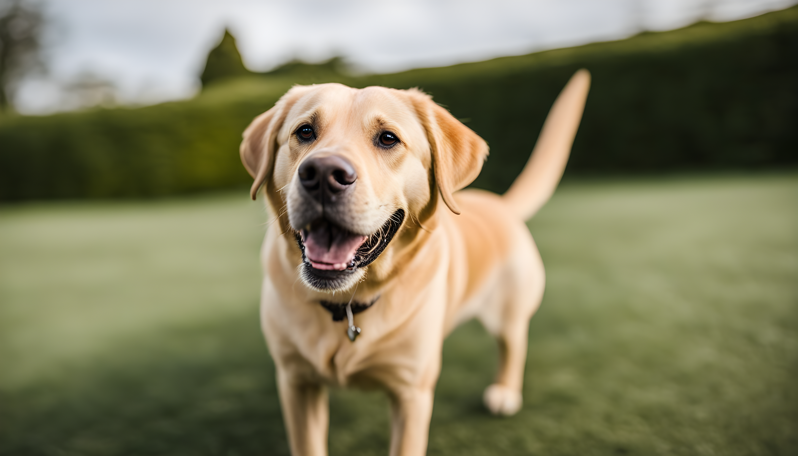 Happy British Lab wagging its tail and smiling for the camera.