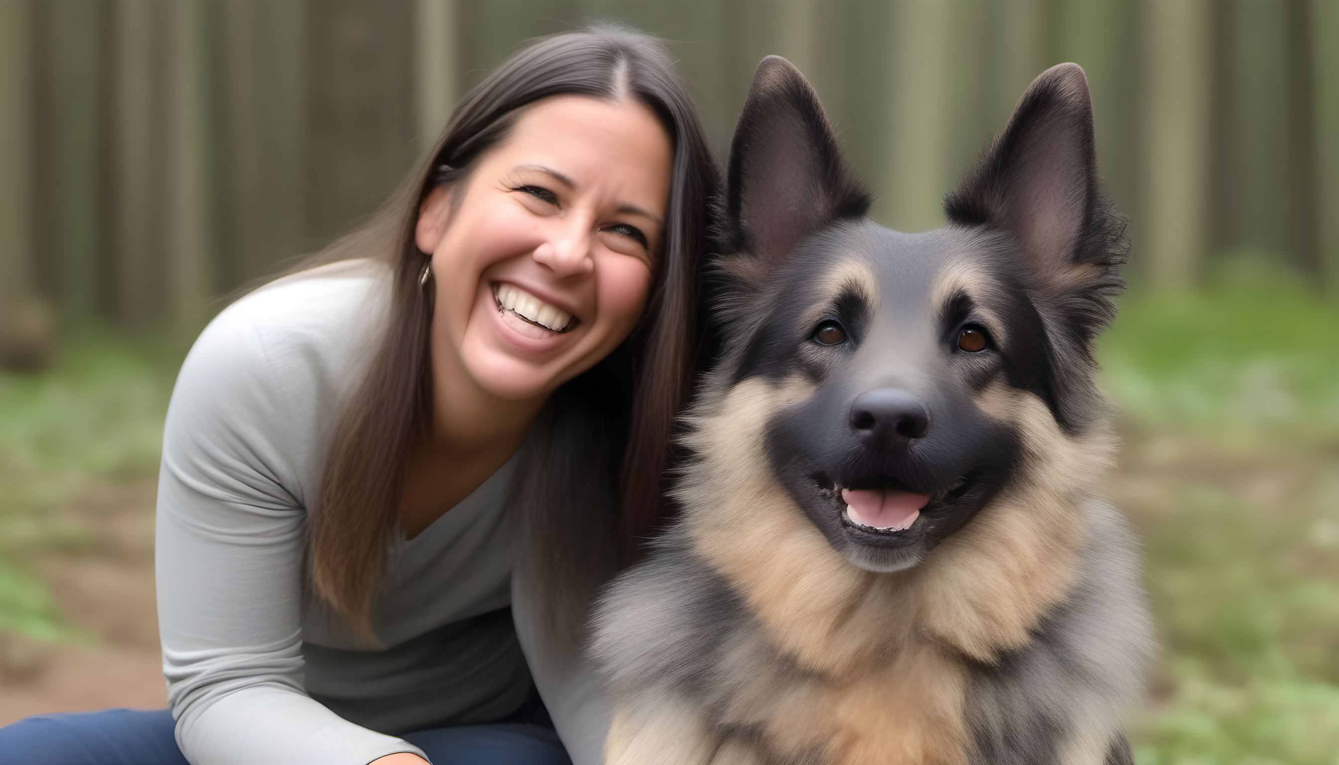 "Happy Sheprador Max posing with his owner Samantha, both smiling but surrounded by tufts of shed fur."