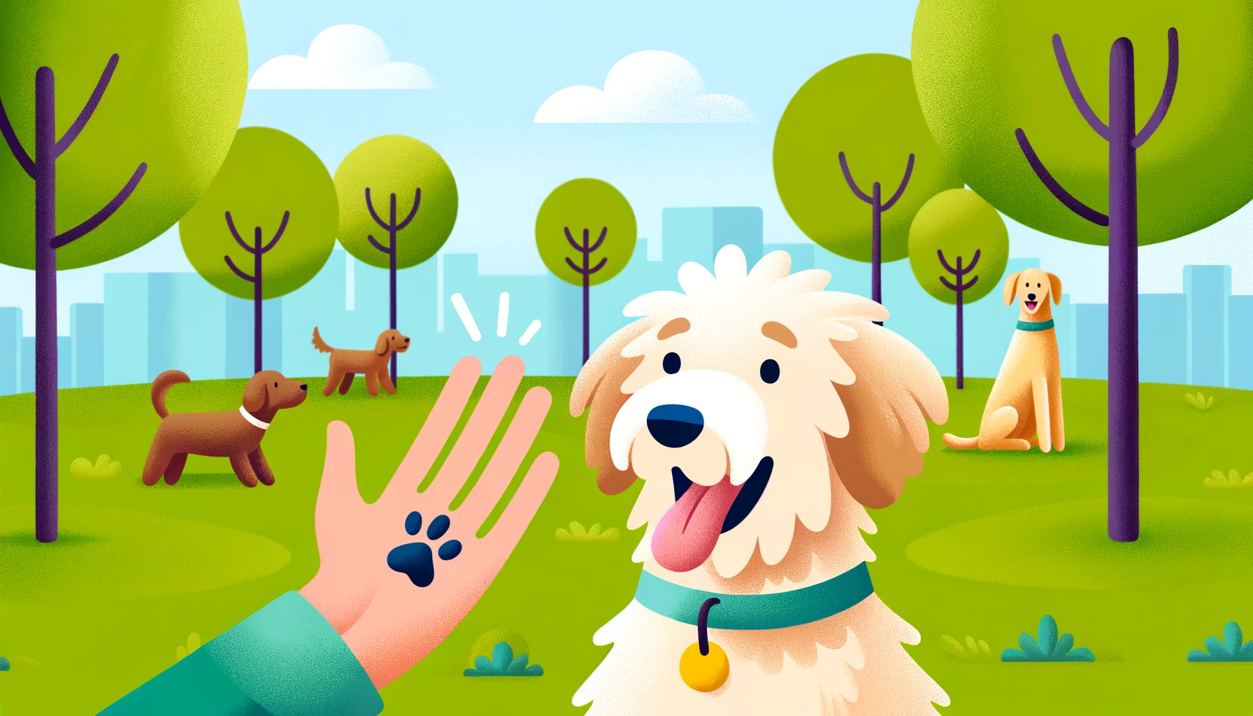 Illustration of a cheerful Labradoodle giving a high-five to a human hand. The backdrop features a park setting with other dogs playing, symbolizing the rewards of effective training and socialization for this breed.