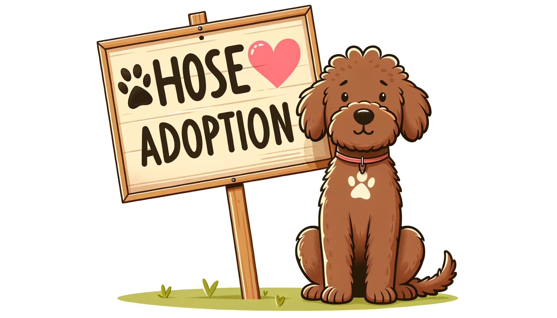 Illustration of a compassionate Labradoodle sitting beside a sign promoting ethical considerations and adoption options. The sign reads 'Choose Adoption' with heart and paw print symbols, emphasizing responsible and ethical choices for potential dog owners.