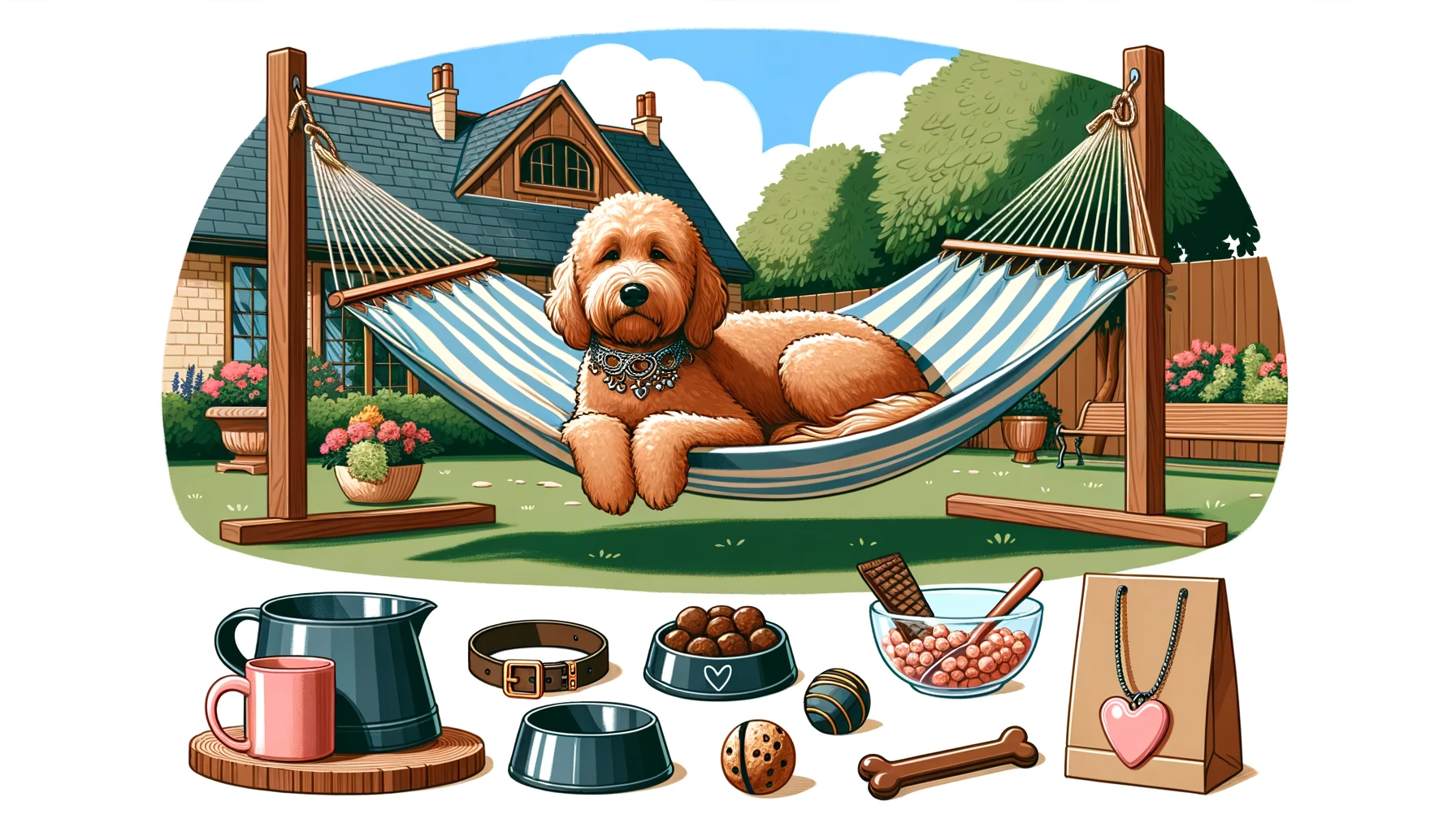 Illustration of a content Labradoodle resting on a hammock in a garden setting. The scene showcases various luxurious pet items such as a designer collar, gourmet dog treats, and a personalized water dish, representing the lavish lifestyle some owners provide for their pets.