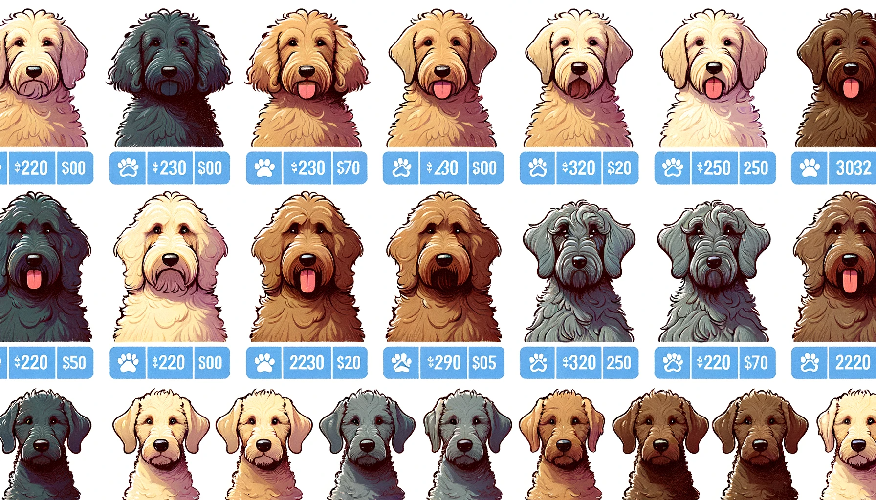 Illustration showcasing various types of Labradoodles, each with its unique fur and color. Every Labradoodle is accompanied by a different digital price tag, representing the varying costs associated with the specific type or lineage.