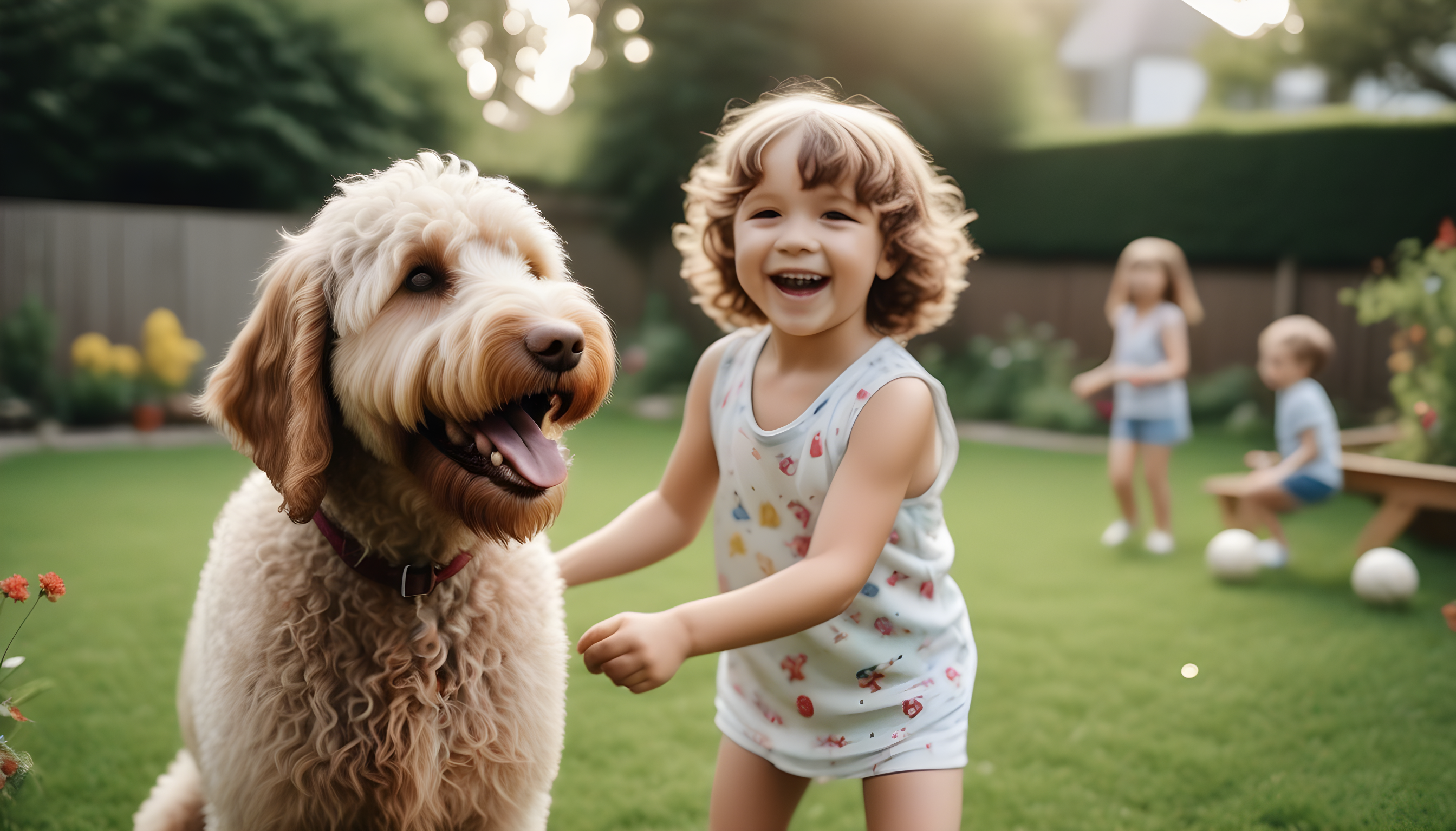Labradoodle happily playing with kids in a garden