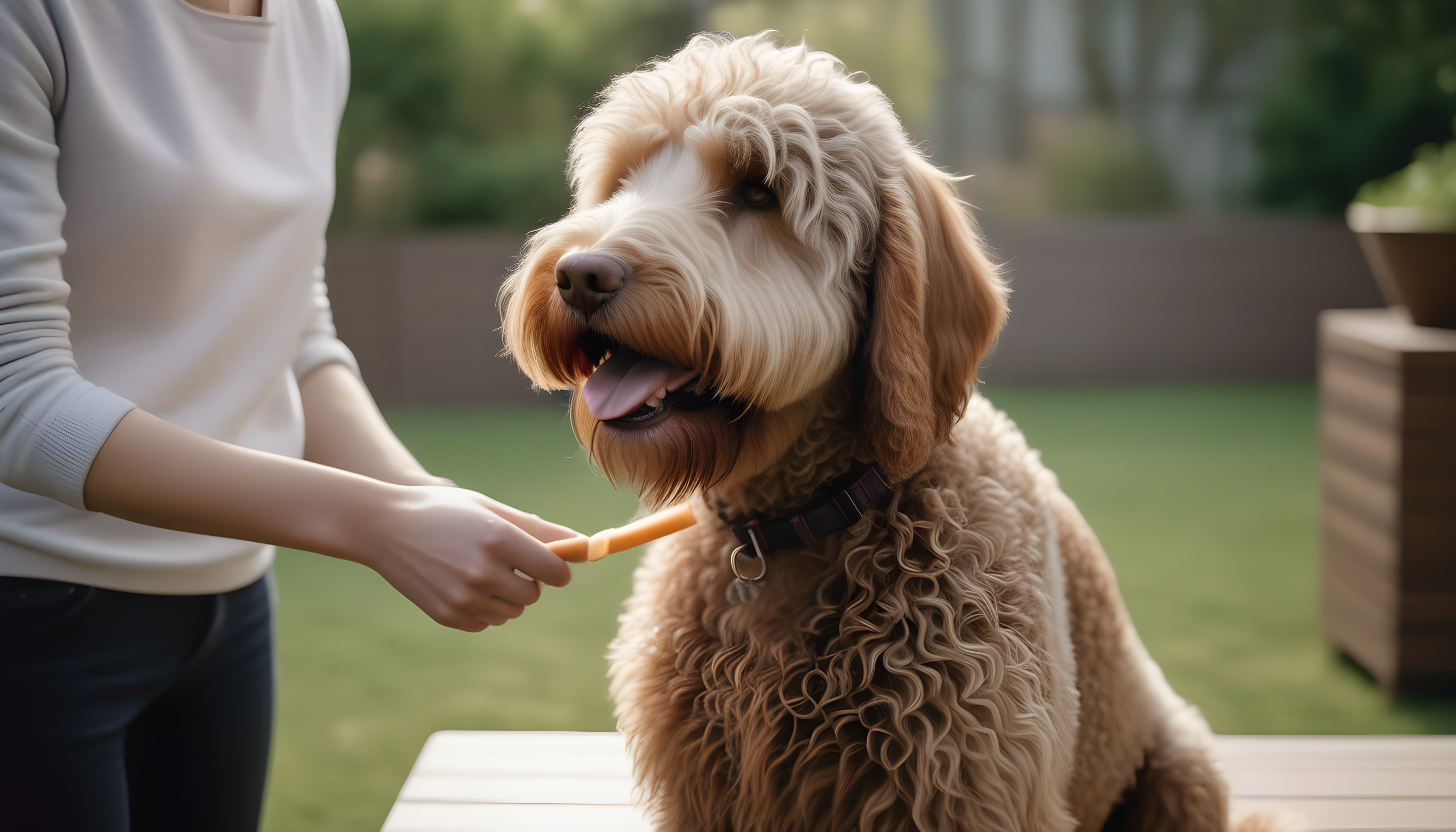 Labradoodle receiving grooming to maintain its coat